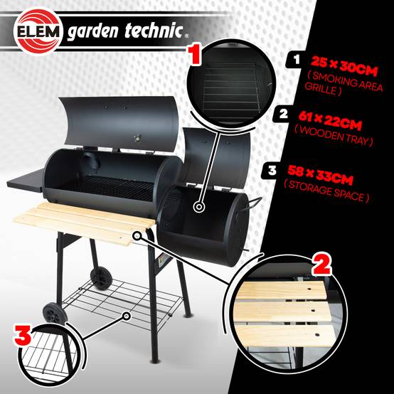Elem Garden Technic - Barbecue charbon de bois, fumoir avec roues et thermomètre, surface de cuisson 59x25.5cm - Image 3