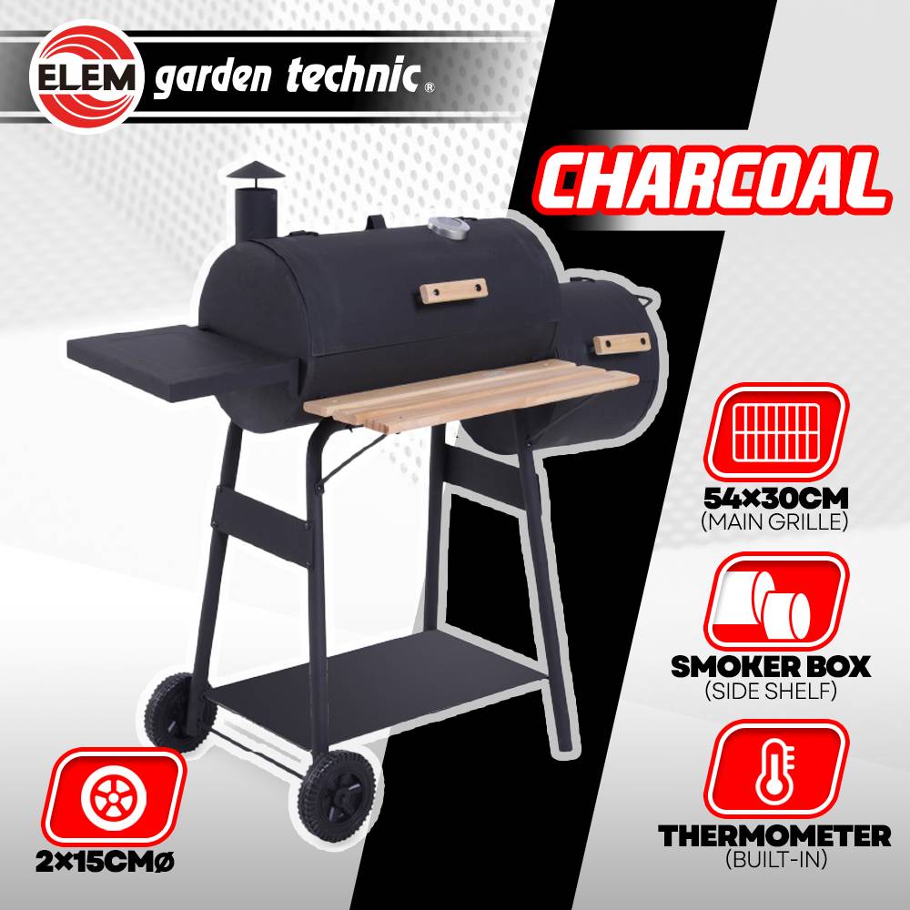 Elem Garden Technic - Barbecue charbon de bois, fumoir avec roues et thermomètre, surface de cuisson 59x25.5cm - Image 2