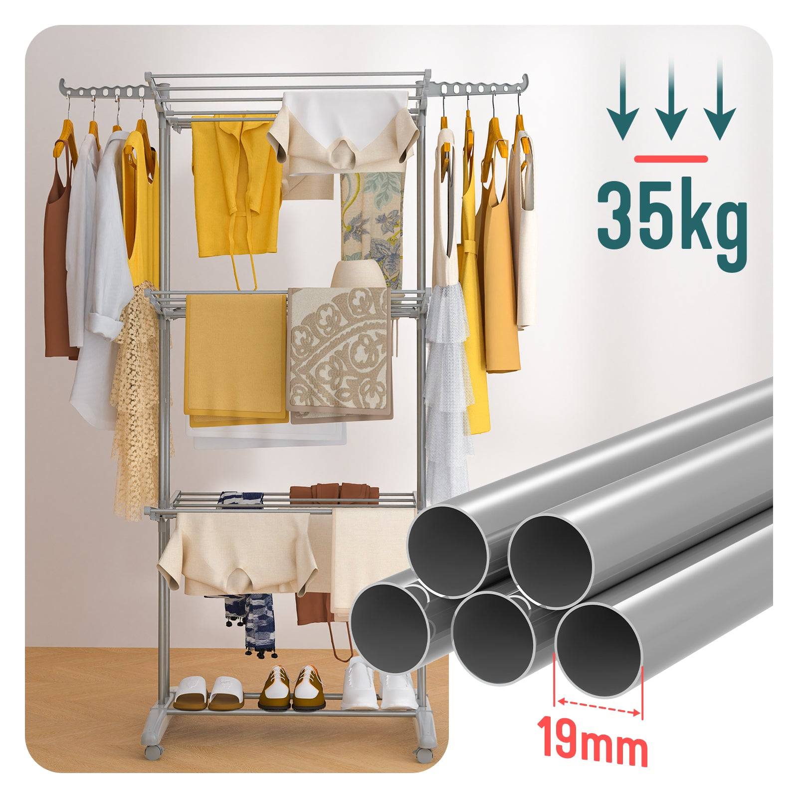 Vounot - Étendoir à linge pliable métal renforcée 125x62x173cm, Séchoir 4 niveaux grande capacité avec roulettes, Gris, VOUNOT® - Image 7