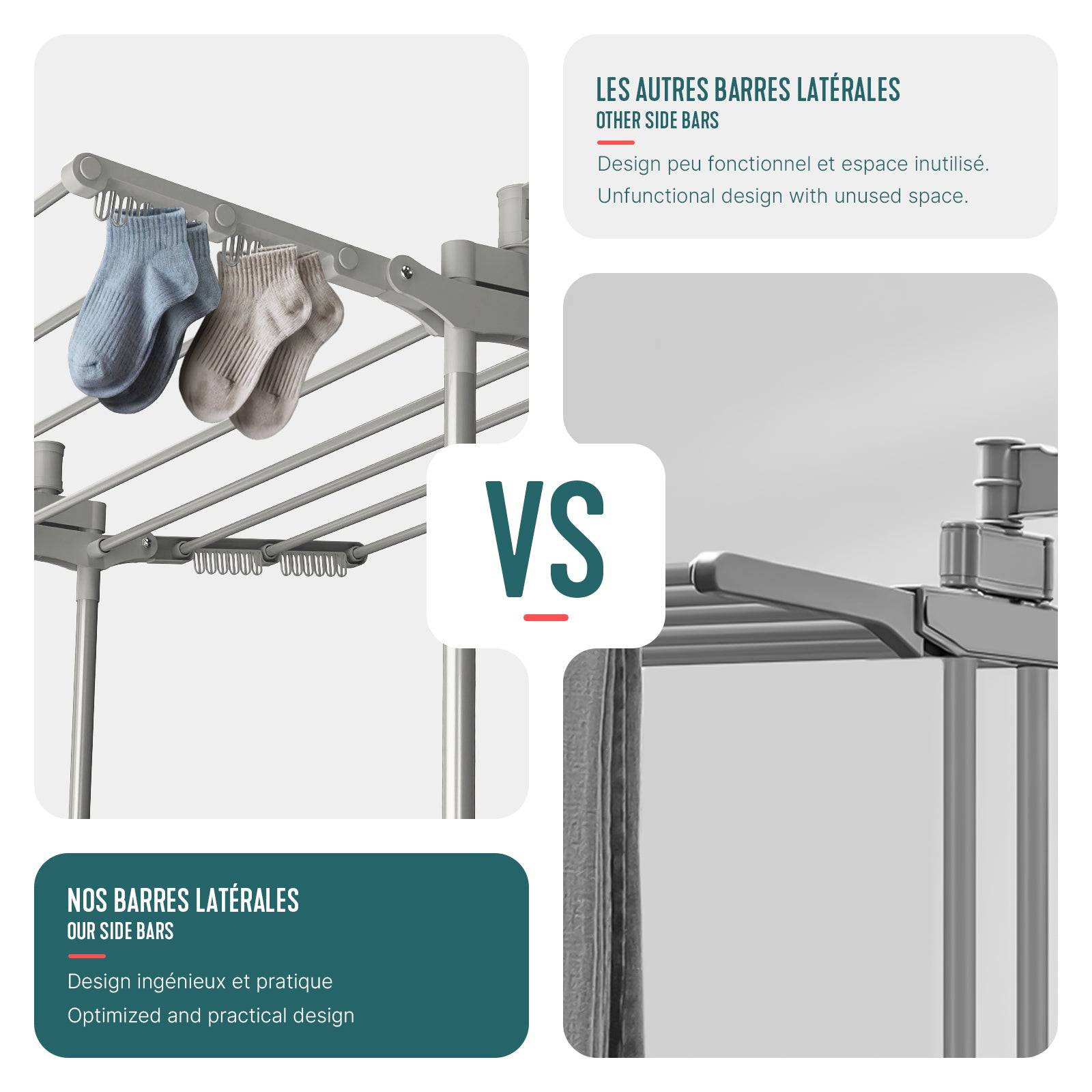 Vounot - Étendoir à linge pliable métal renforcée 125x62x173cm, Séchoir 4 niveaux grande capacité avec roulettes, Gris, VOUNOT® - Image 4