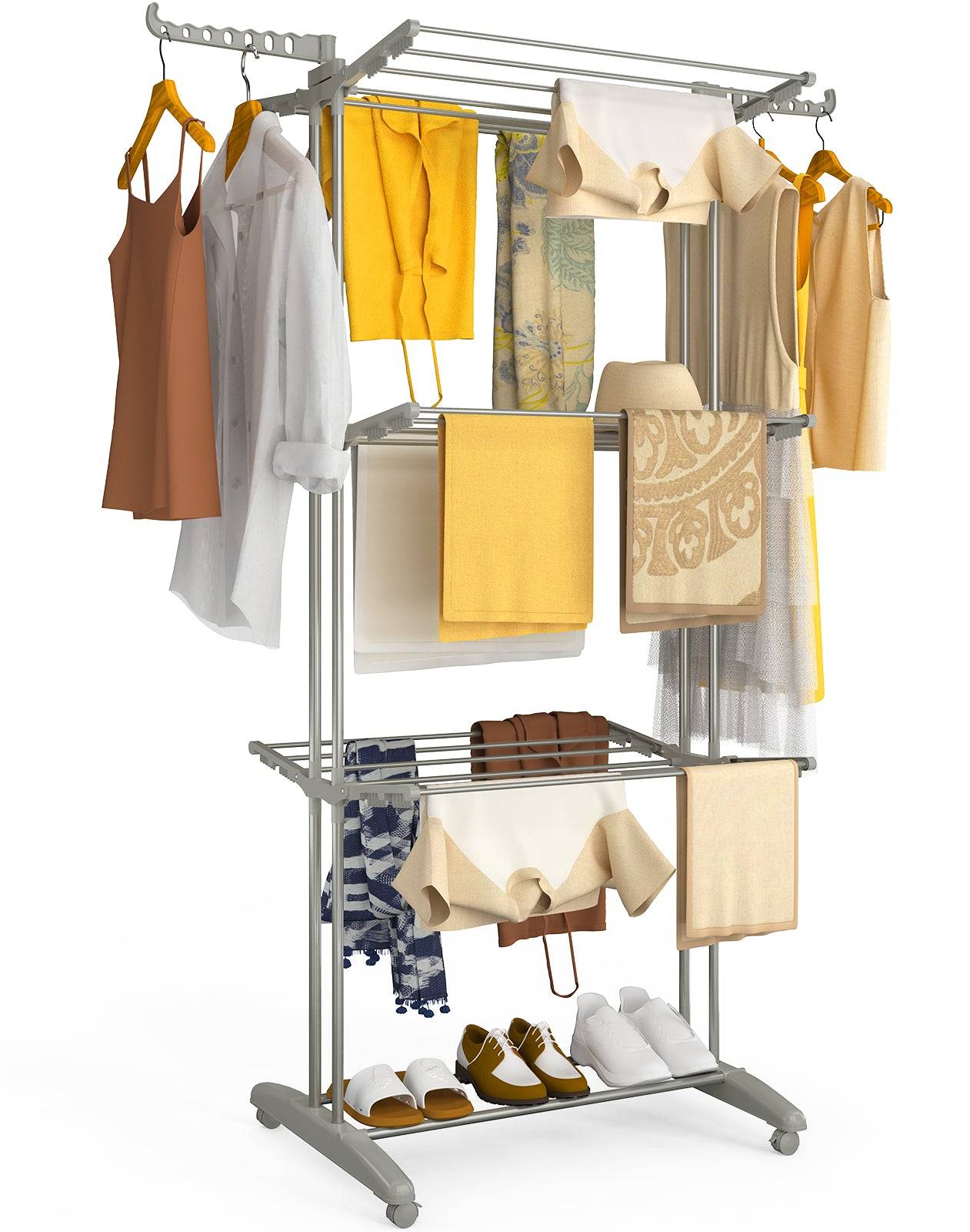 Vounot - Étendoir à linge pliable métal renforcée 125x62x173cm, Séchoir 4 niveaux grande capacité avec roulettes, Gris, VOUNOT® - Image 1