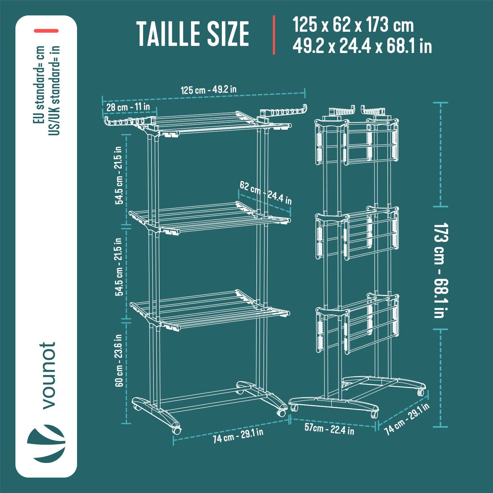 Vounot - Étendoir à linge pliable métal renforcée 125x62x173cm, Séchoir 4 niveaux grande capacité avec roulettes, Gris, VOUNOT® - Image 3