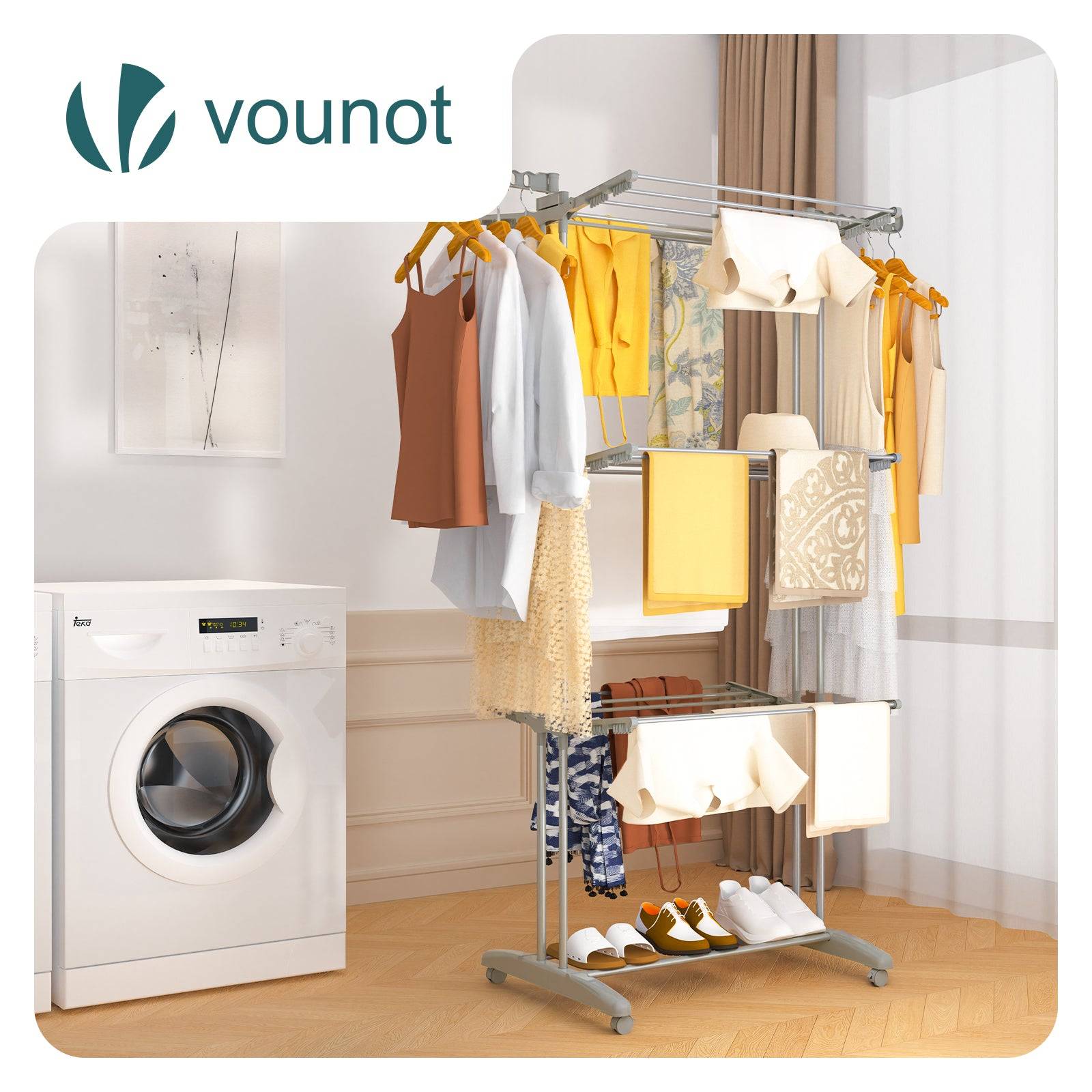Vounot - Étendoir à linge pliable métal renforcée 125x62x173cm, Séchoir 4 niveaux grande capacité avec roulettes, Gris, VOUNOT® - Image 2