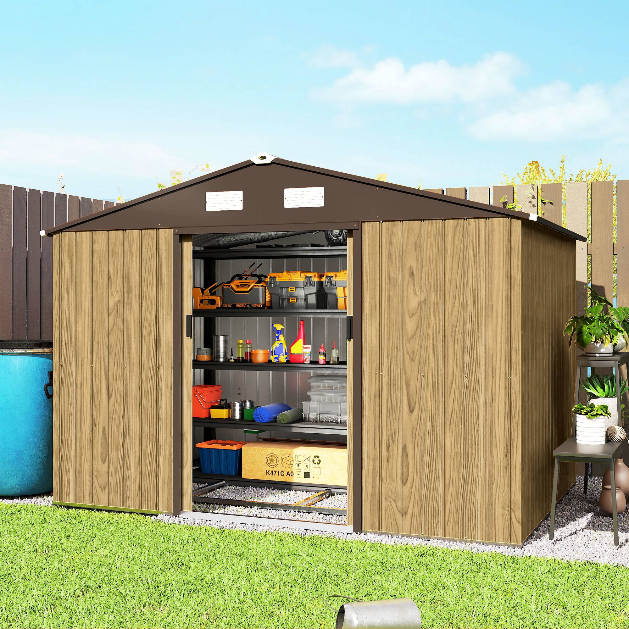 Remise de jardin extérieure 4,9 m² 277x195x192 cm porte coulissante ventilation kit fondation marron - Image 4