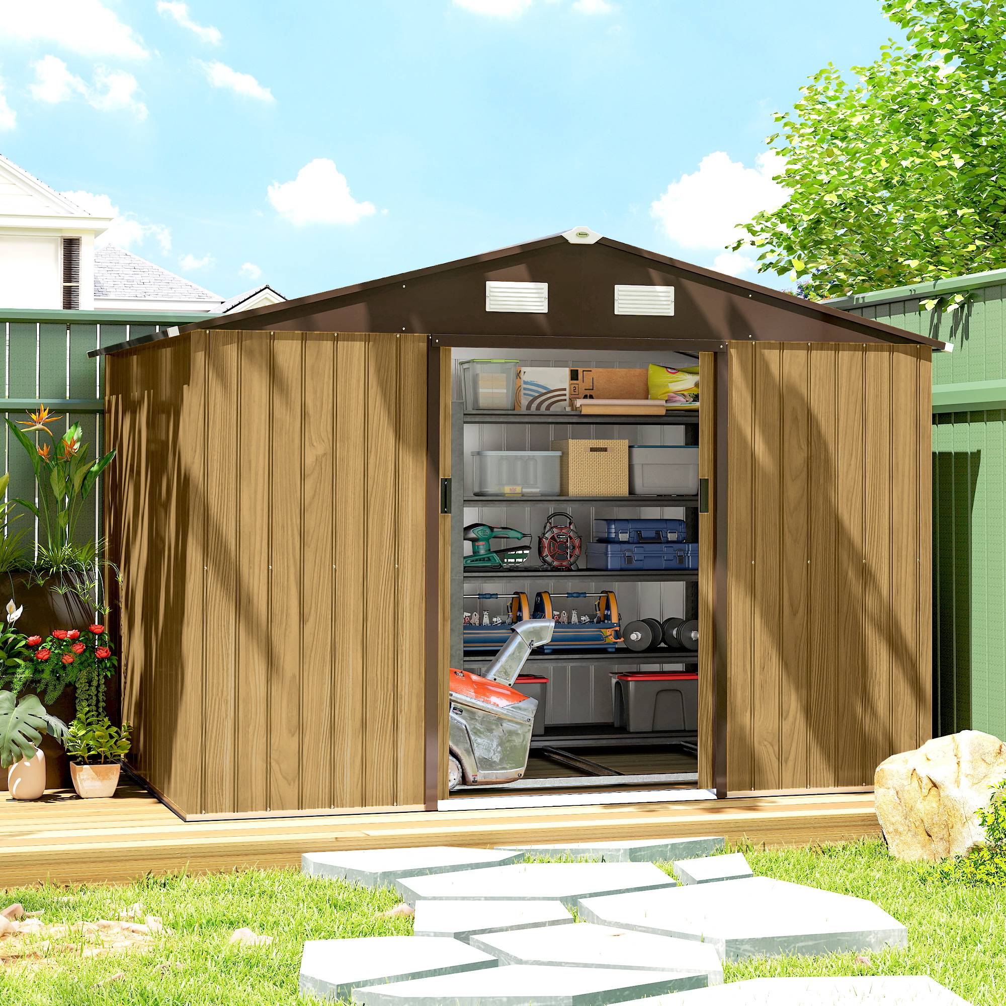 Remise de jardin extérieure 4,9 m² 277x195x192 cm porte coulissante ventilation kit fondation marron - Image 3