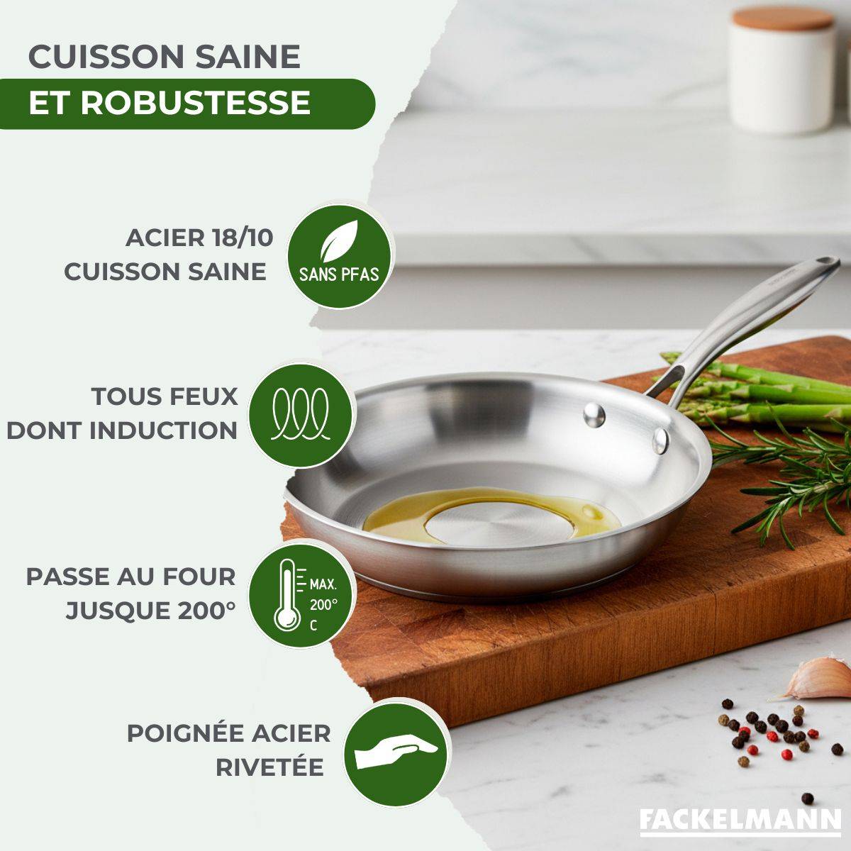 Batterie de cuisine avec 3 poêles 20/24/26 cm et 2 casseroles 14/18 cm sans PFAS Fackelmann Vita3 - Image 3