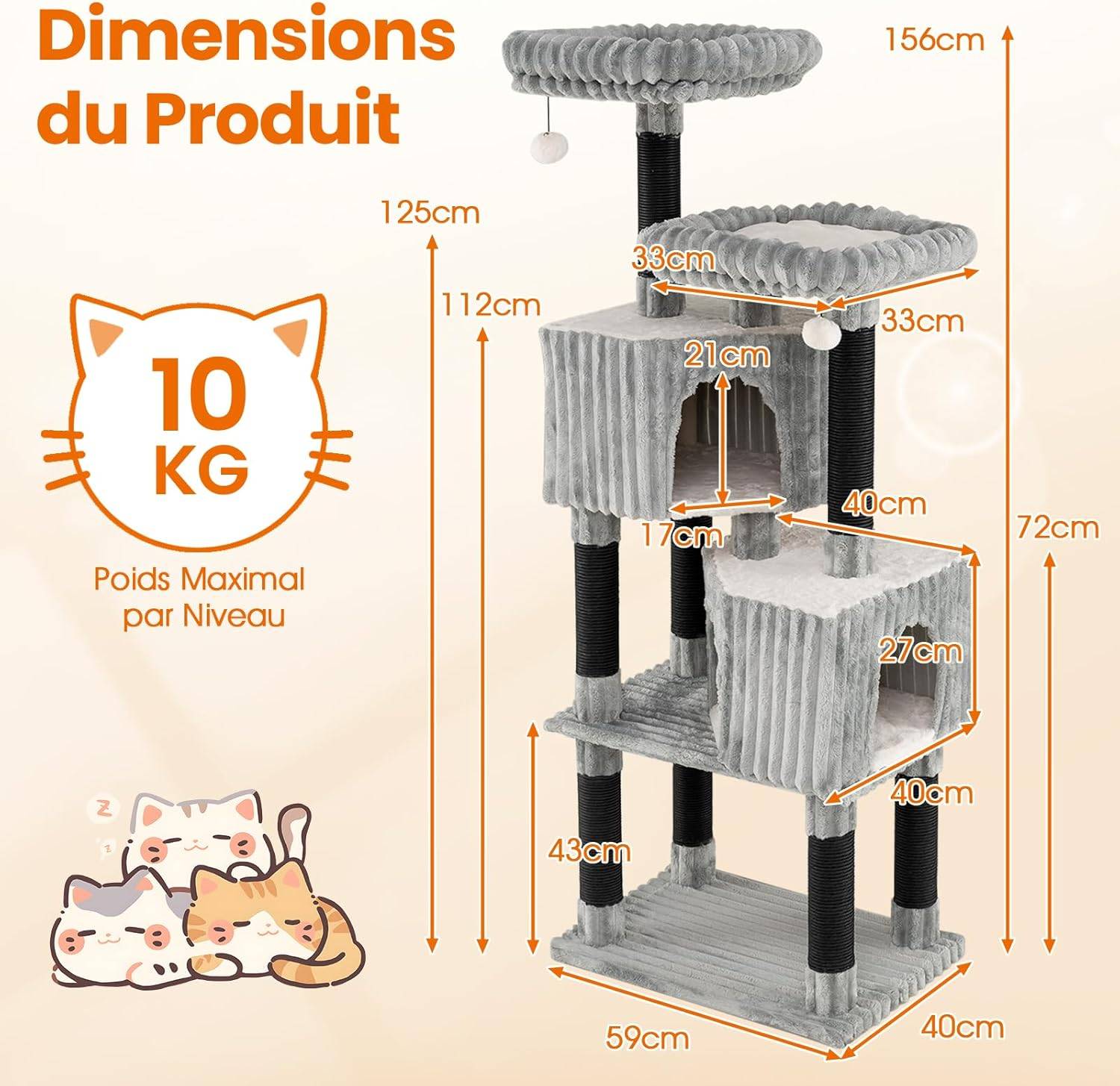 Arbre à Chat XXL 156 cm, 2 Condos, 4 Plateformes, Poteaux à Griffer, Arbre a Chat Maine Coon, Coussin Amovible Lavable, 2 Pompons avec Clochettes, Tou - Image 4