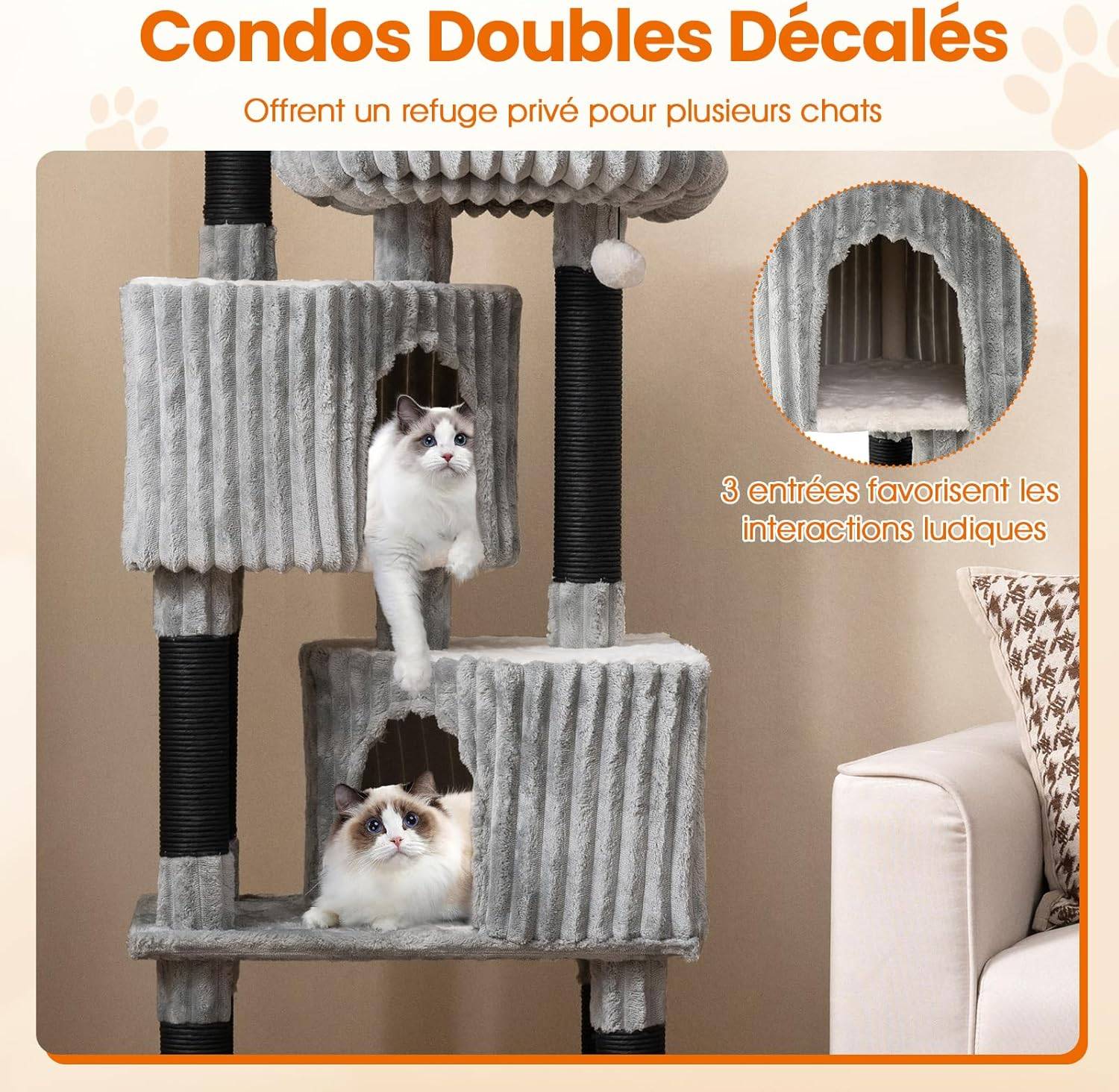 Arbre à Chat XXL 156 cm, 2 Condos, 4 Plateformes, Poteaux à Griffer, Arbre a Chat Maine Coon, Coussin Amovible Lavable, 2 Pompons avec Clochettes, Tou - Image 2