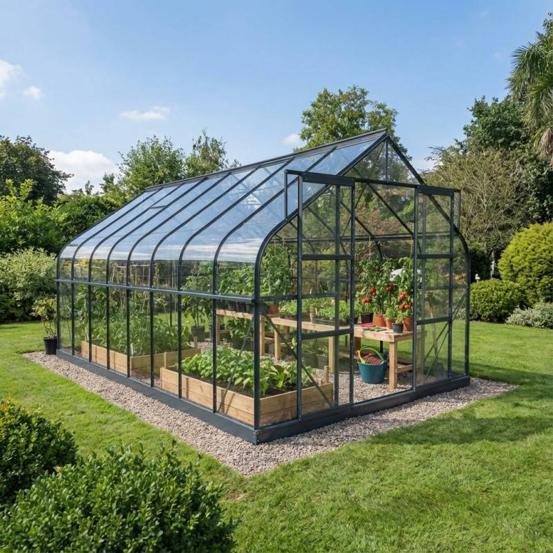 Serre de jardin 14,52m² aluminium anthracite verre trempé 4mm Comtesse Green Protect
