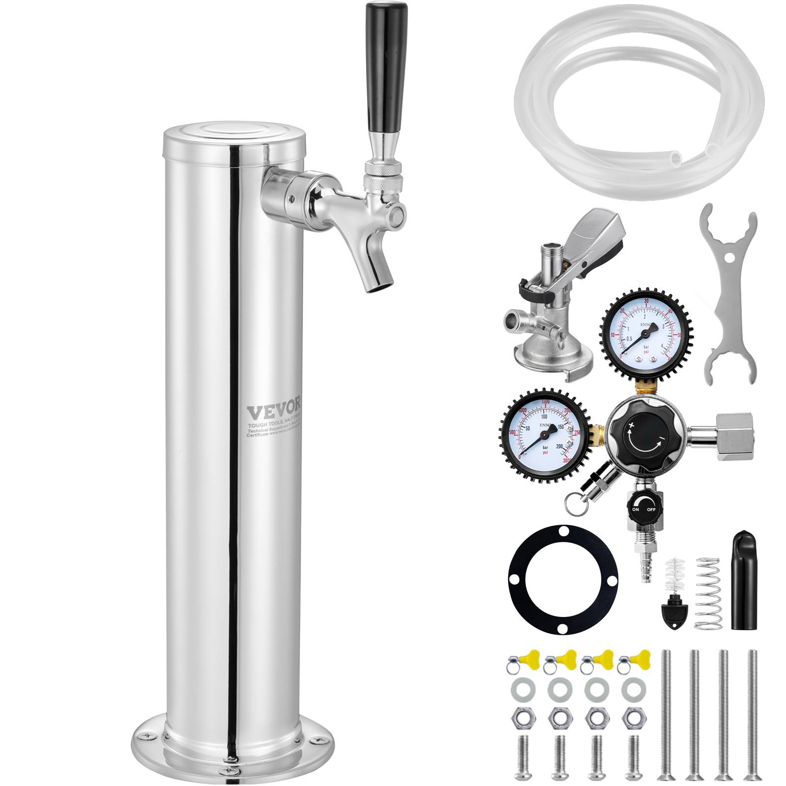 VEVOR Kit colonne bière 1 robinet, inox, régulateur double jauge W21,8. Coupleur système A, plateau égouttage. - Image 1