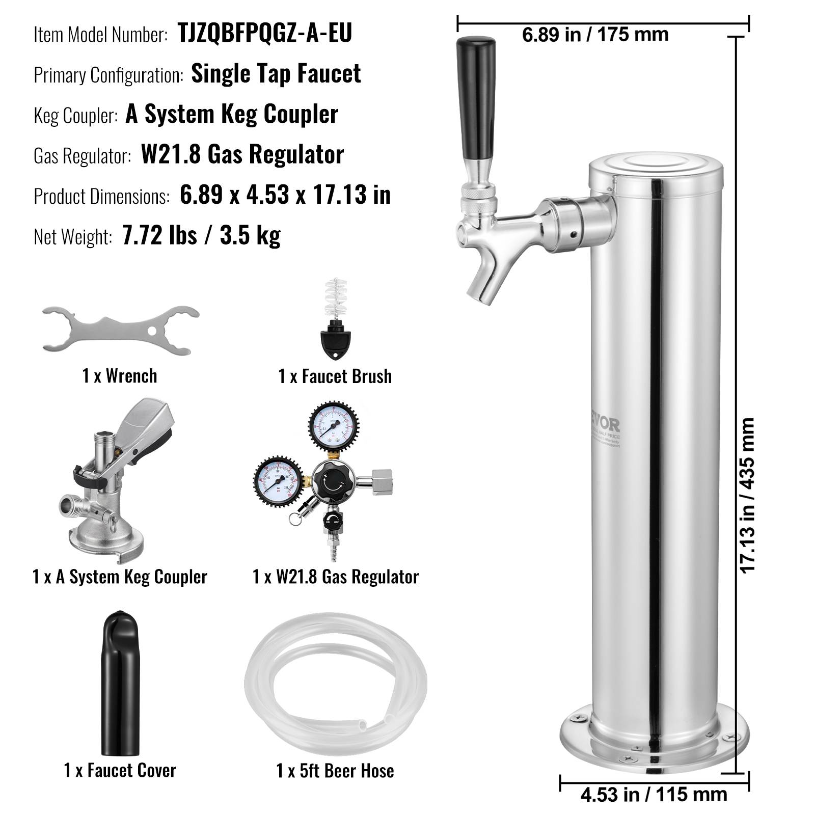 VEVOR Kit colonne bière 1 robinet, inox, régulateur double jauge W21,8. Coupleur système A, plateau égouttage. - Image 7