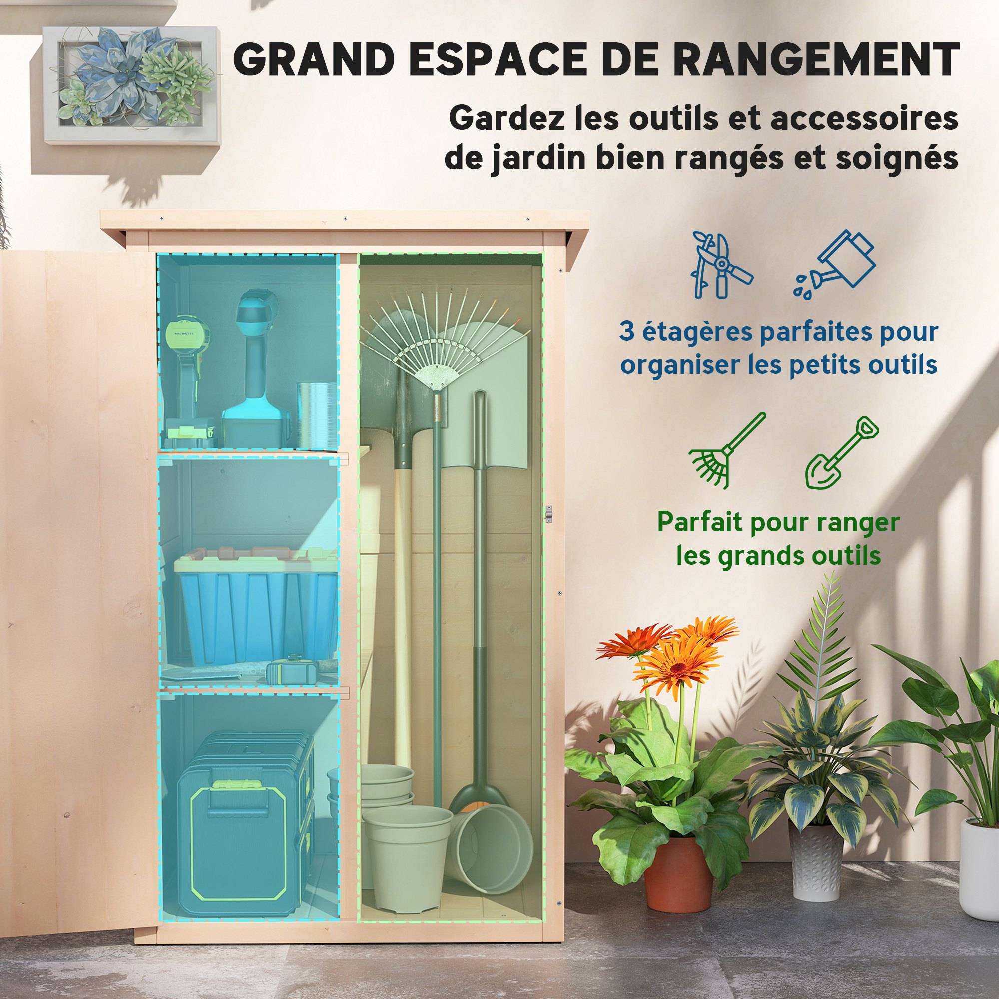 Armoire abri de Jardin Remise pour Outils Bois de Sapin pré-huilé Toit bitumé incliné - Grande Porte - Image 6