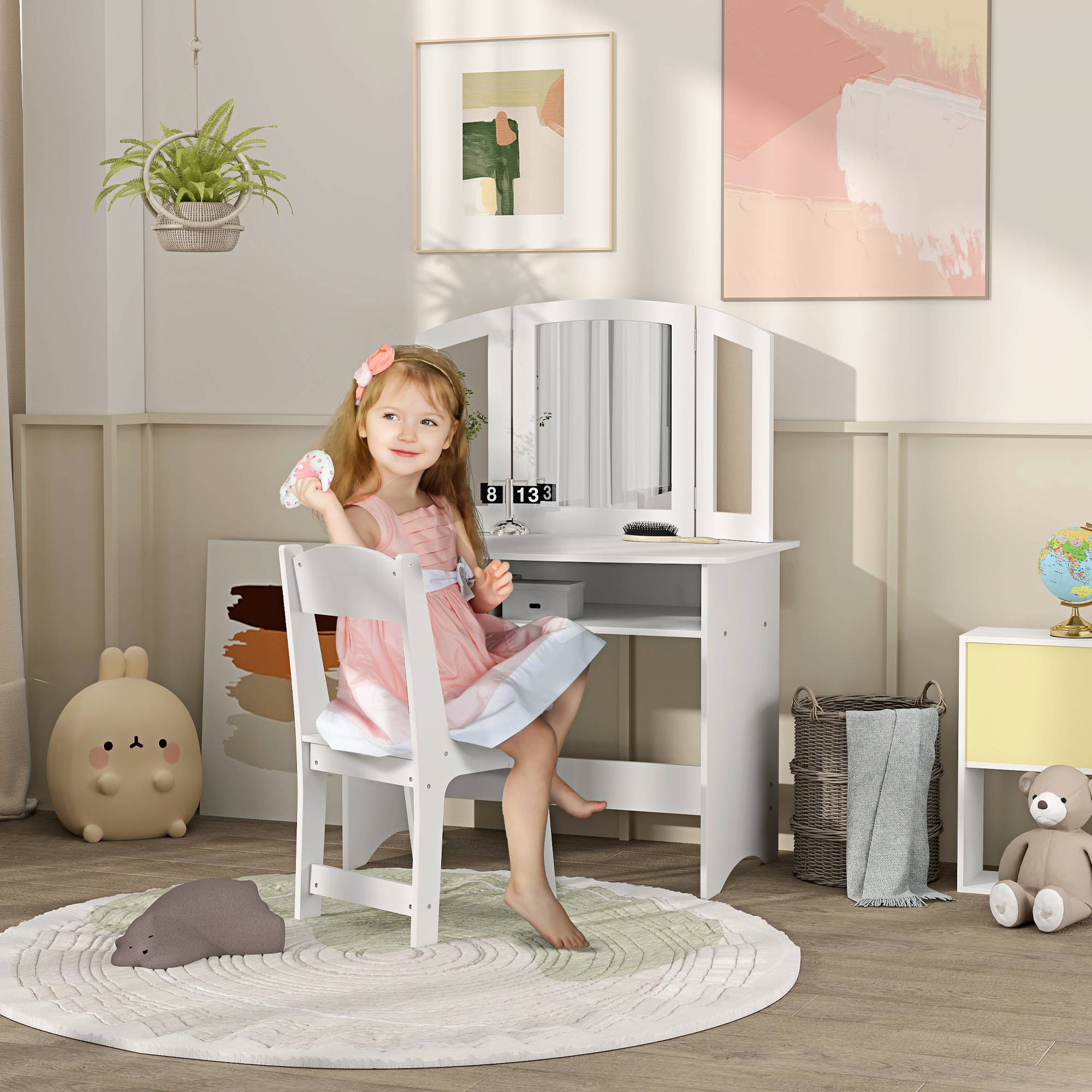 Sans Marque - Ensemble coiffeuse pour enfants avec miroir triple amovible et chaise en bois blanc - Image 3