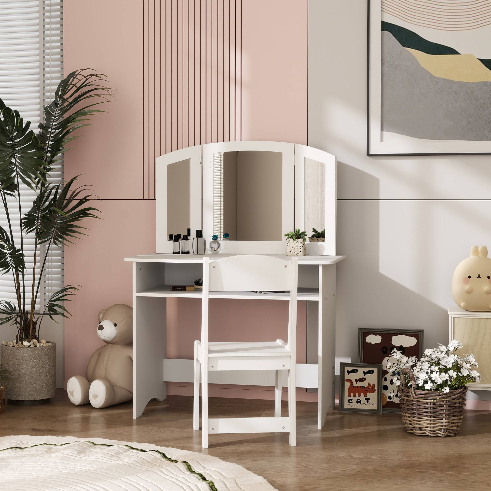Sans Marque - Ensemble coiffeuse pour enfants avec miroir triple amovible et chaise en bois blanc - Image 4