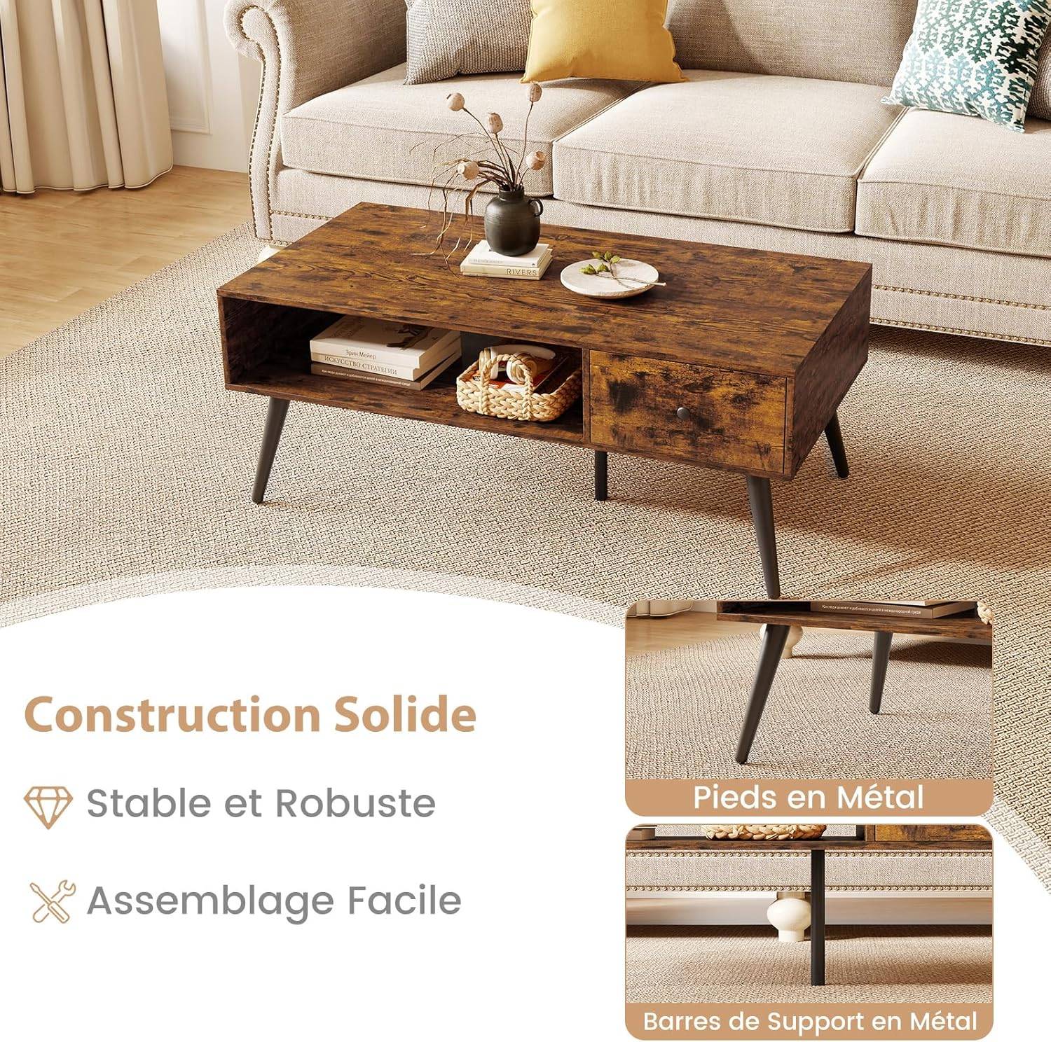 Table Basse Ovale Bois Et Carrelage - 109x55 Cm, Hauteur 44 Cm - Occasion (voir Photos)