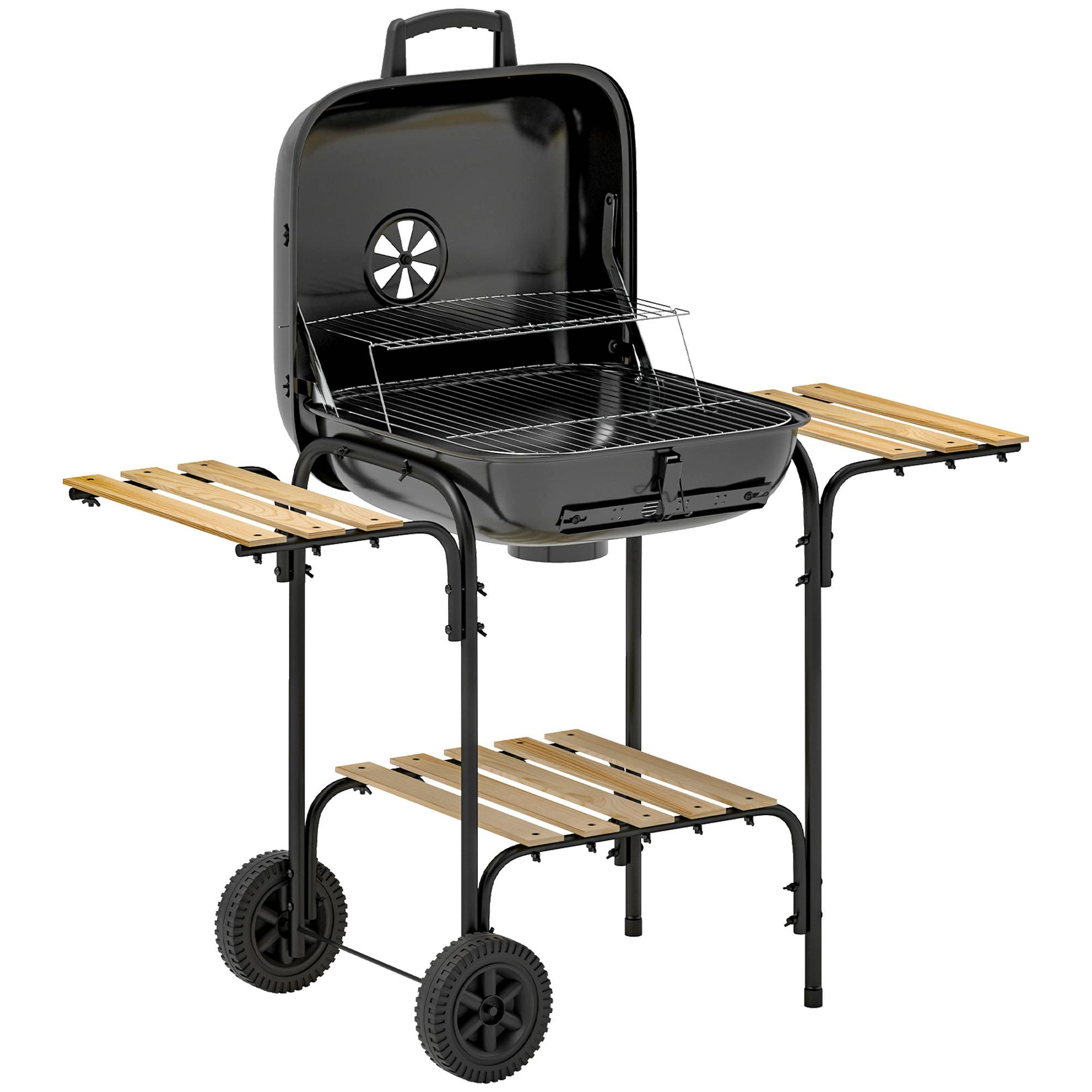 ComfortXL - Barbecue à charbon acier et sapin 98 x 54 x 91 cm noir pour jardin chariot mobile avec couvercle ventilé - Image 10