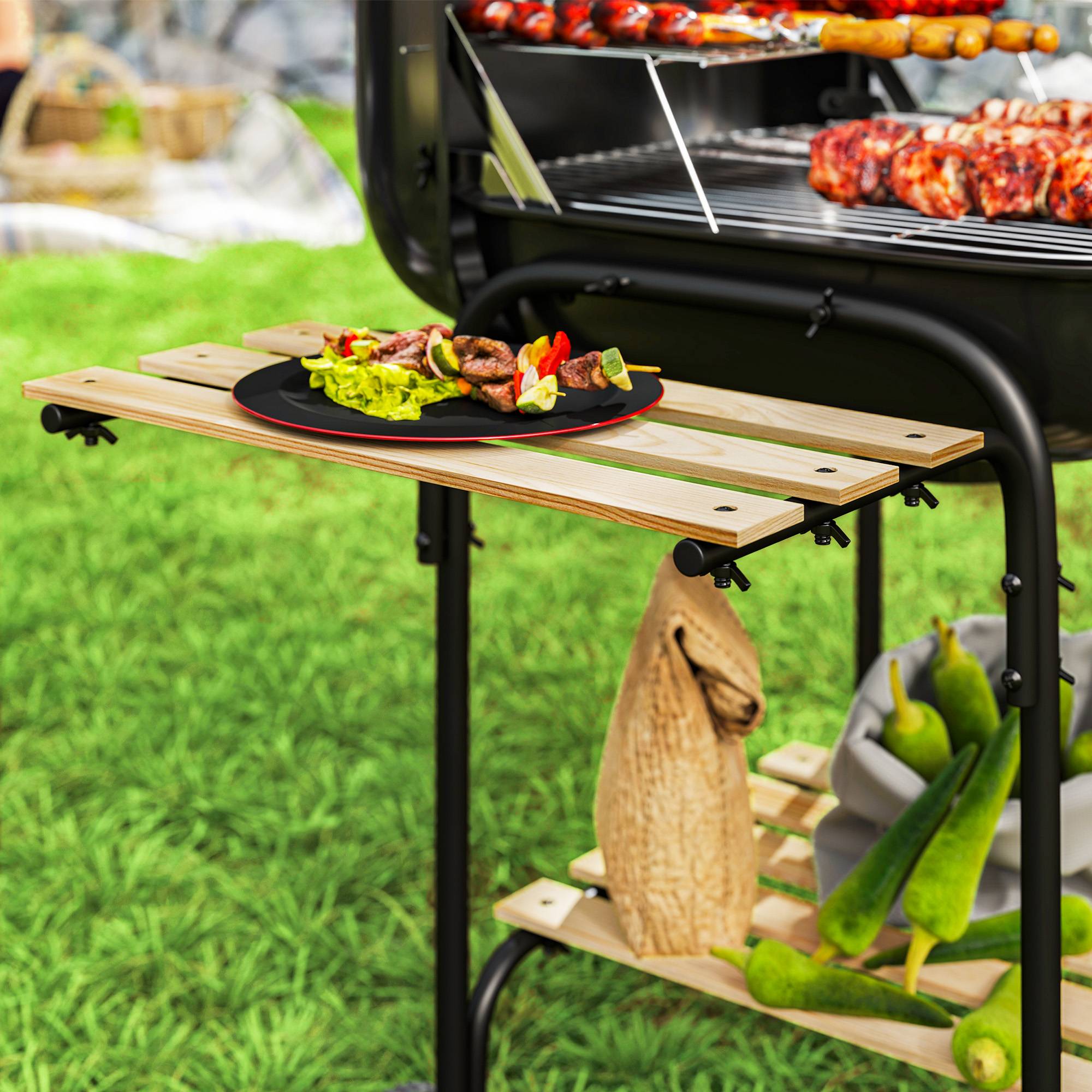 ComfortXL - Barbecue à charbon acier et sapin 98 x 54 x 91 cm noir pour jardin chariot mobile avec couvercle ventilé - Image 9