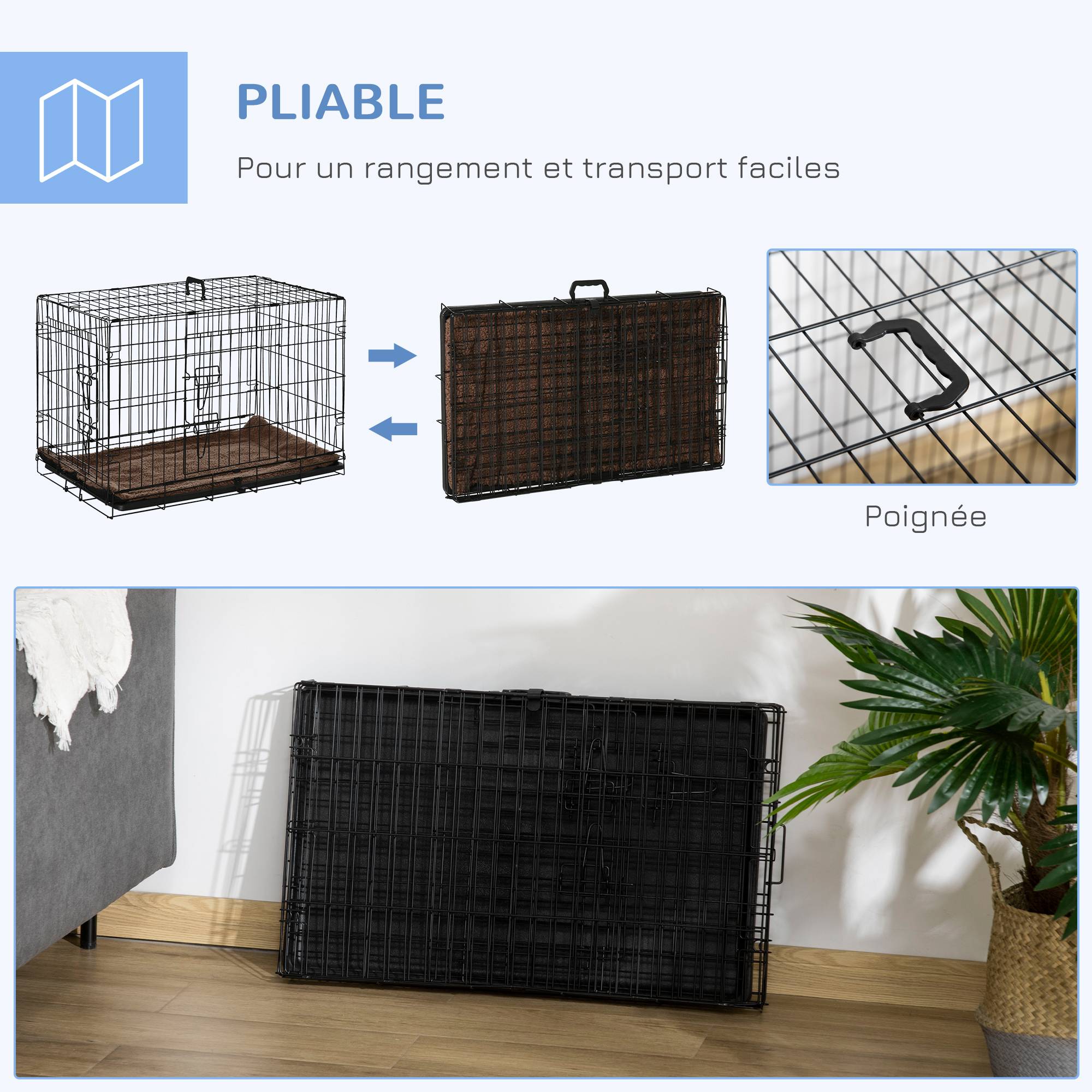 Pawhut - Cage de transport pliante pour chien poignée, plateau amovible, coussin fourni 76 x 53 x 57 cm noir - Image 7