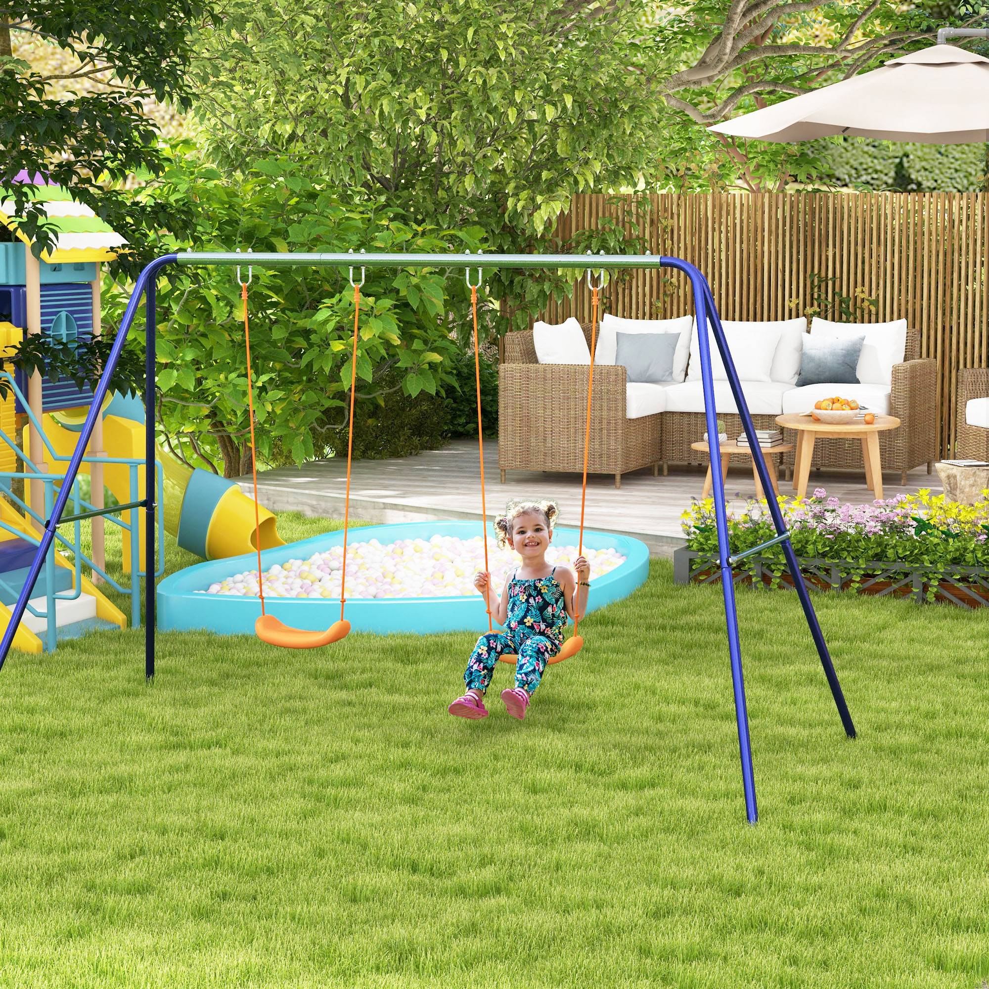 Balançoire portique balançoire pour enfants avec 2 siège de balançoire structure en métal charge max. 90 kg multicolore - Image 4