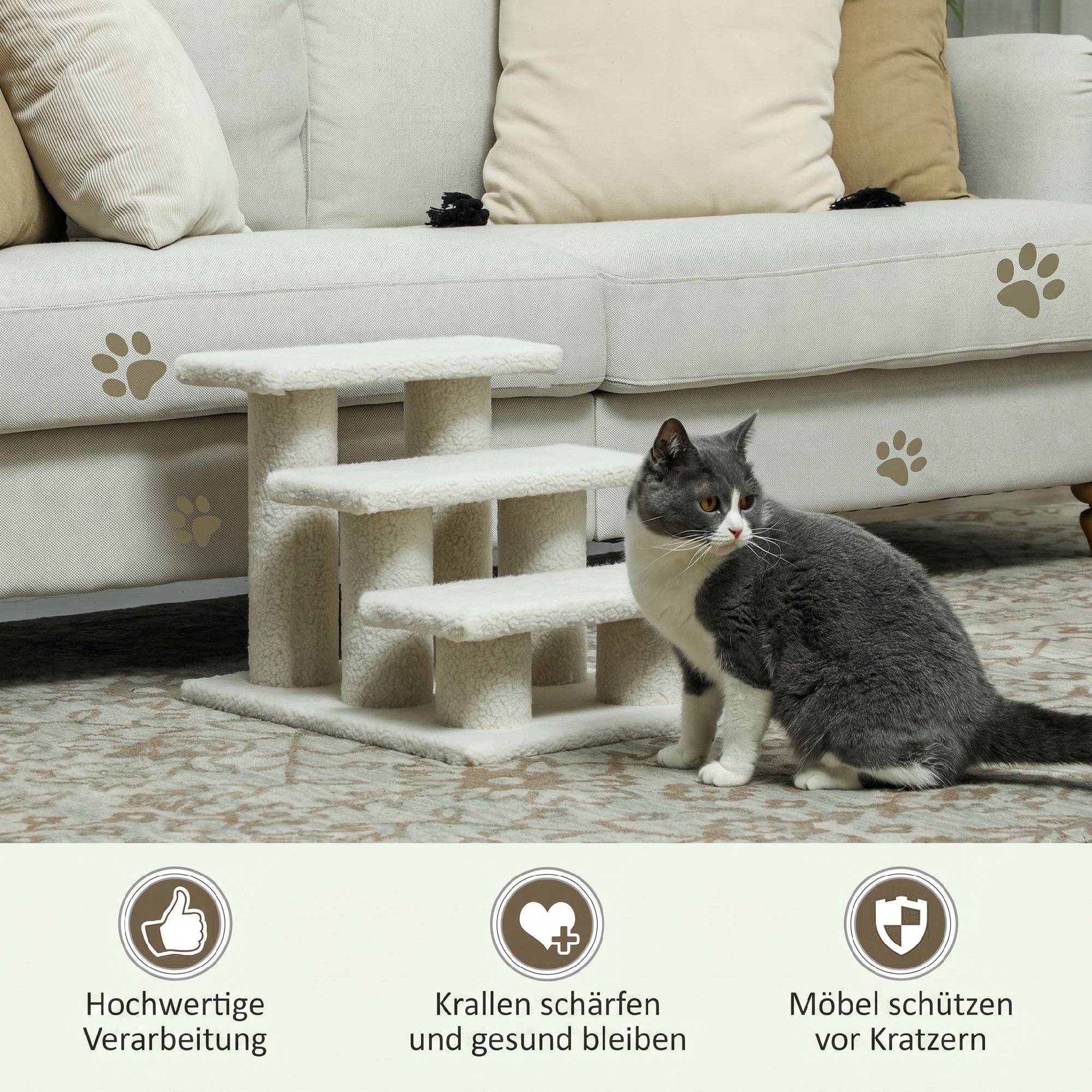 Escalier chat 3 marches, escalier chien, animaux, peluche, 45x35x34cm, beige - Image 8