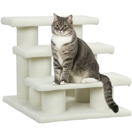 Escalier chat 3 marches, escalier chien, animaux, peluche, 45x35x34cm, beige - Image 1