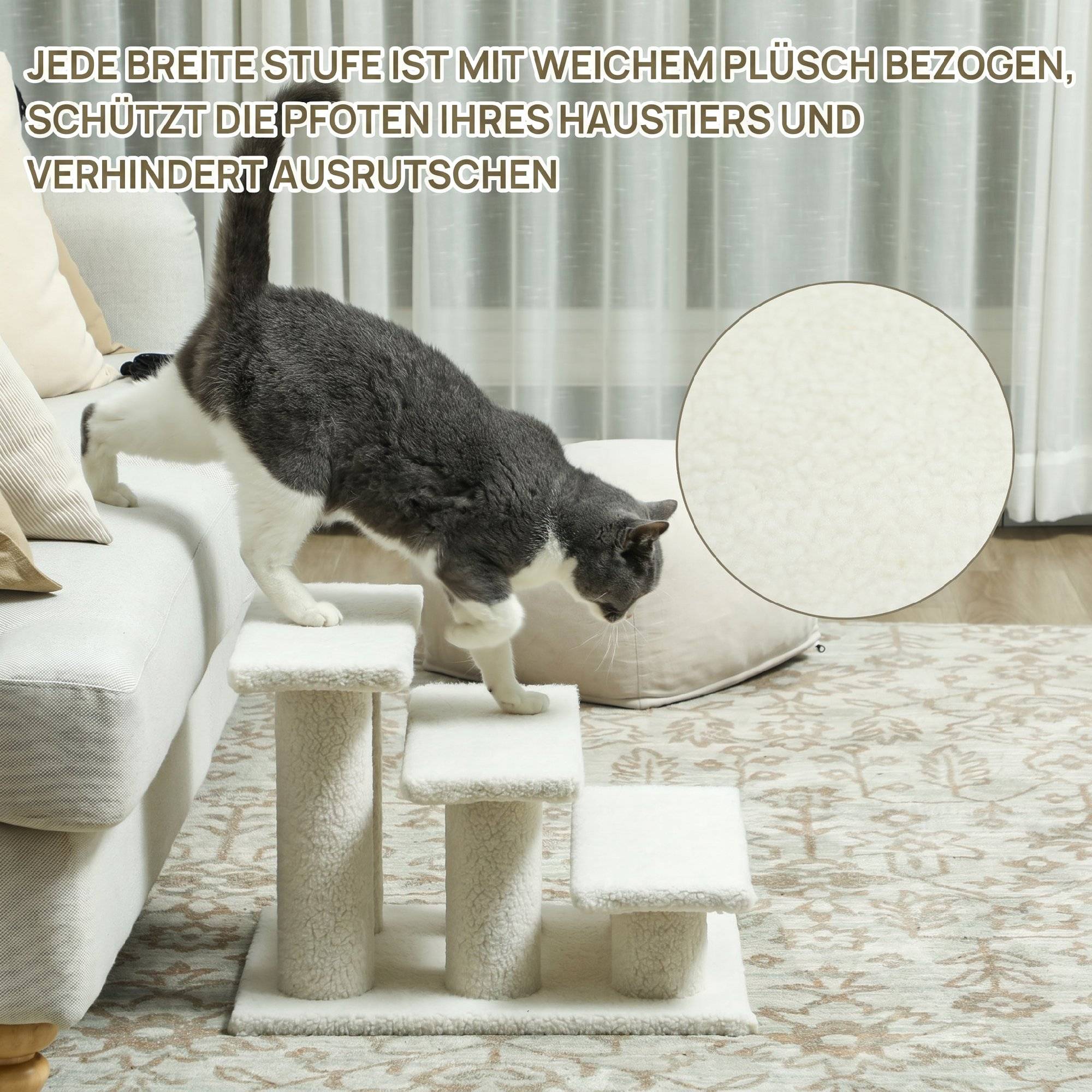 Escalier chat 3 marches, escalier chien, animaux, peluche, 45x35x34cm, beige - Image 6