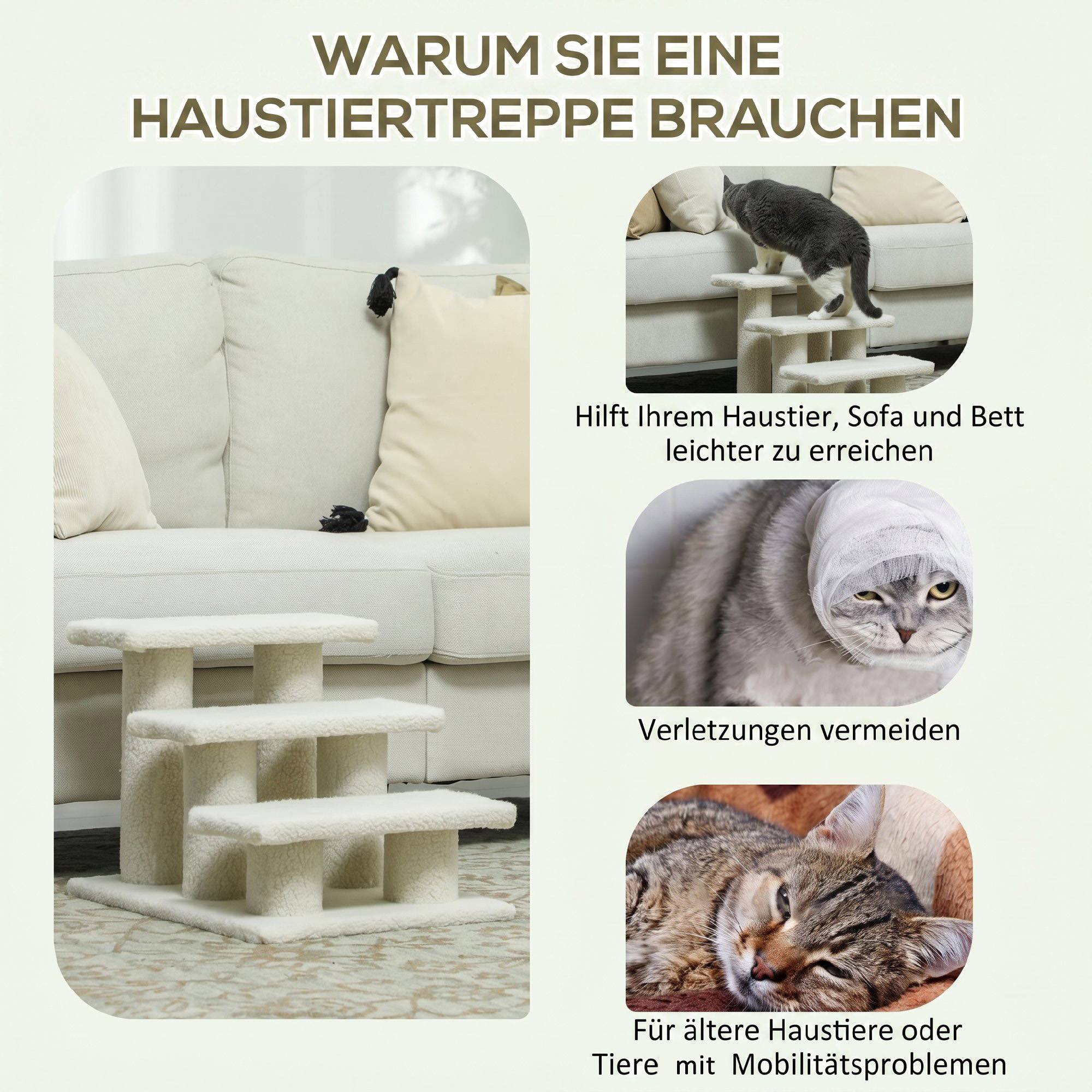 Escalier chat 3 marches, escalier chien, animaux, peluche, 45x35x34cm, beige - Image 7