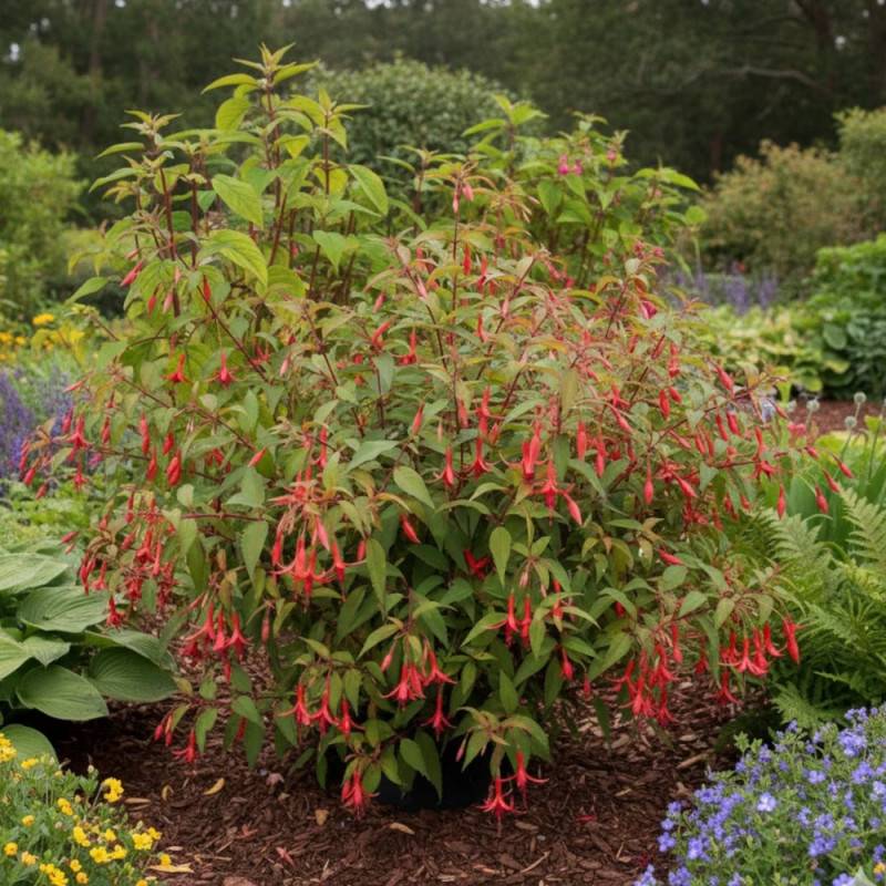 Fuchsia arbustif Source du Loiret à fleurs Violette/Rouge - feuillage Caduc - Lot de 9 godets - Image 1