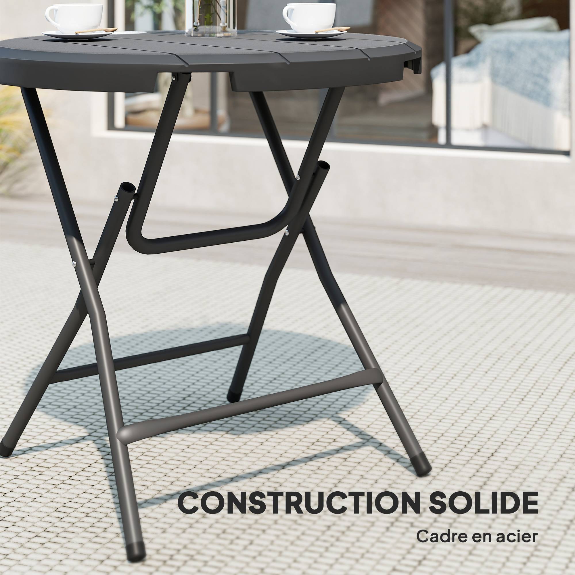 Outsunny - Table de jardin pliable 4 personnes table ronde pliante Ø 80 cm acier époxy plateau HDPE aspect bois gris - Image 6