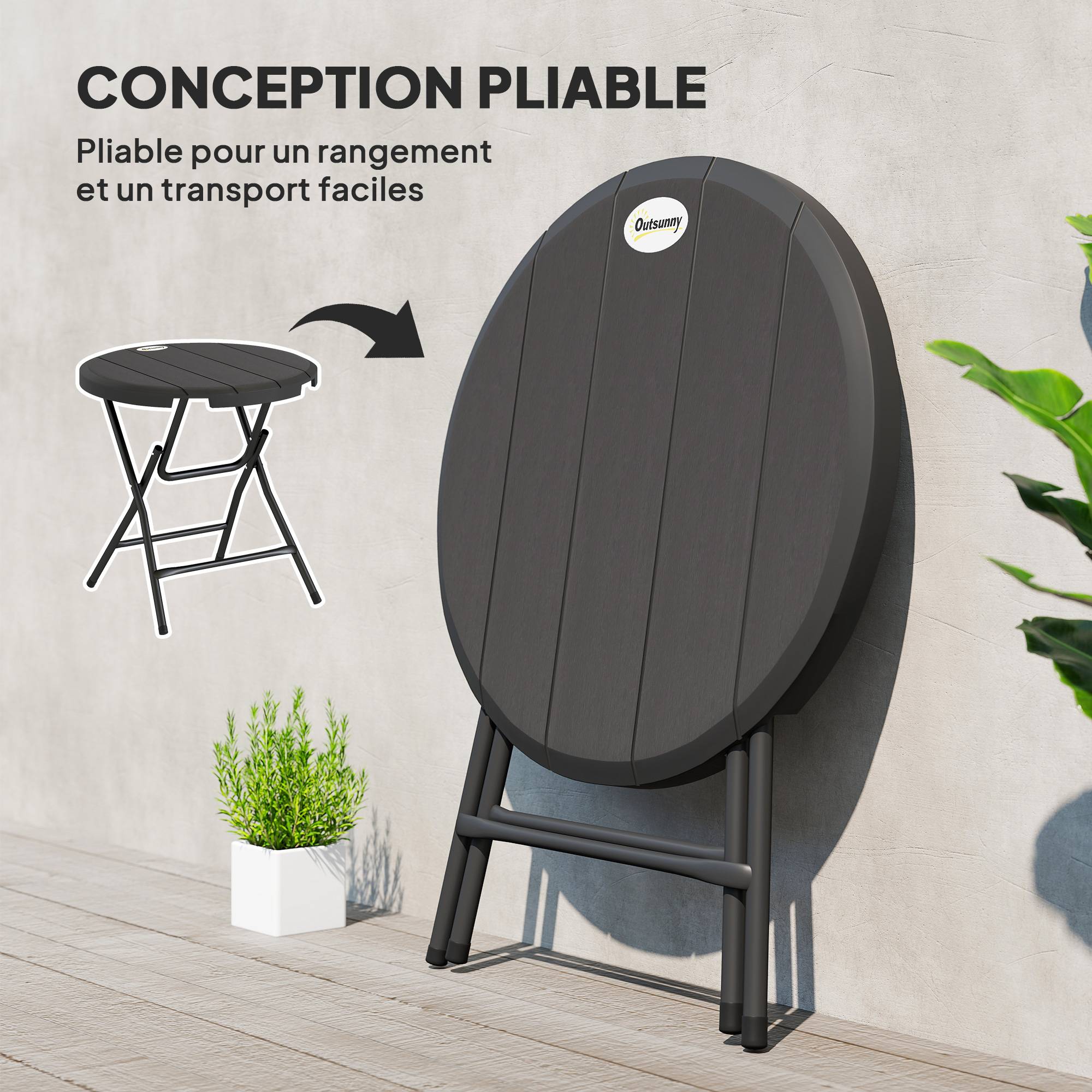 Outsunny - Table de jardin pliable 4 personnes table ronde pliante Ø 80 cm acier époxy plateau HDPE aspect bois gris - Image 4