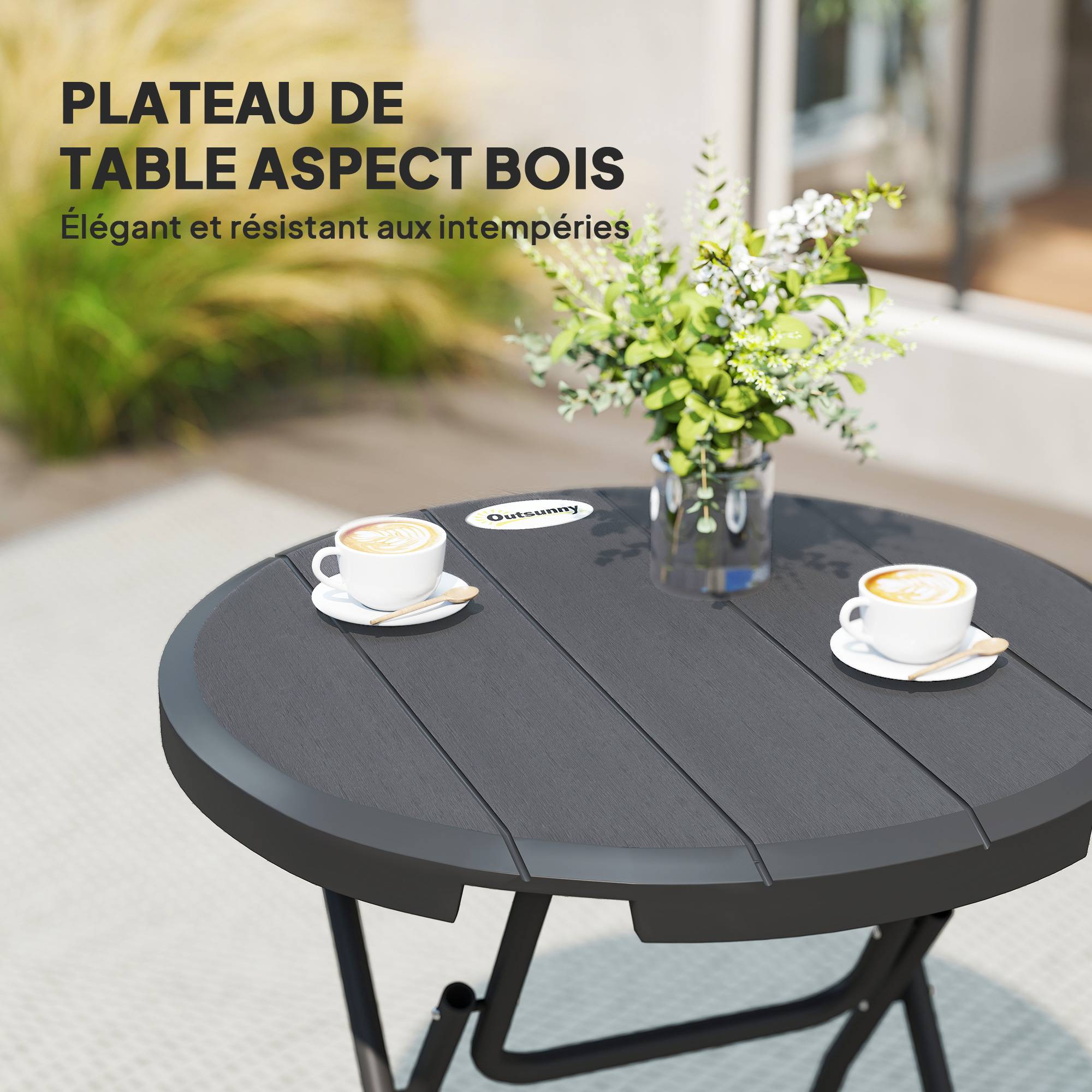 Outsunny - Table de jardin pliable 4 personnes table ronde pliante Ø 80 cm acier époxy plateau HDPE aspect bois gris - Image 5