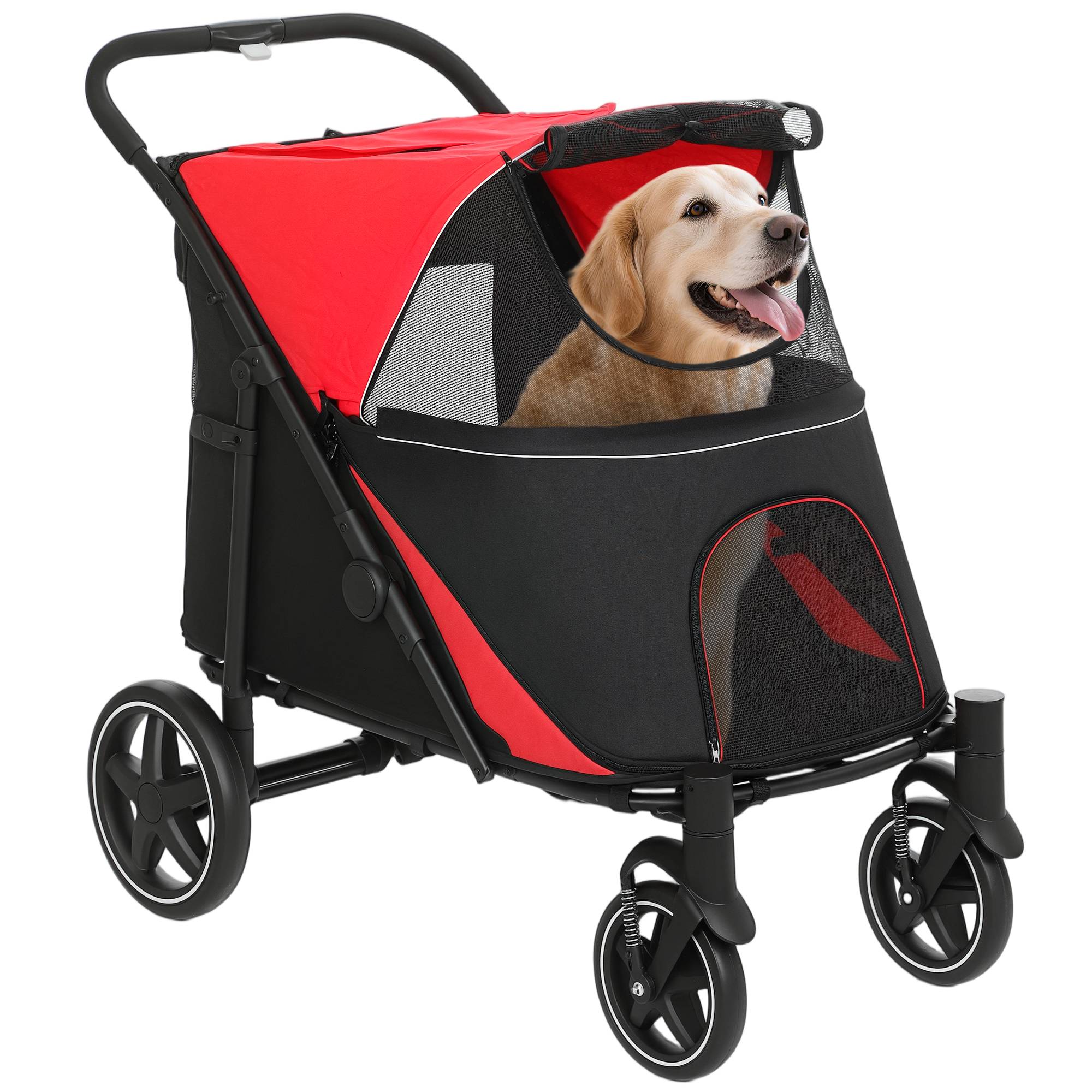 Poussette pour chiens pliable, chariot pour animaux avec fenêtres en mesh et sangles de sécurité 112x67x100 cm Rouge - Image 1