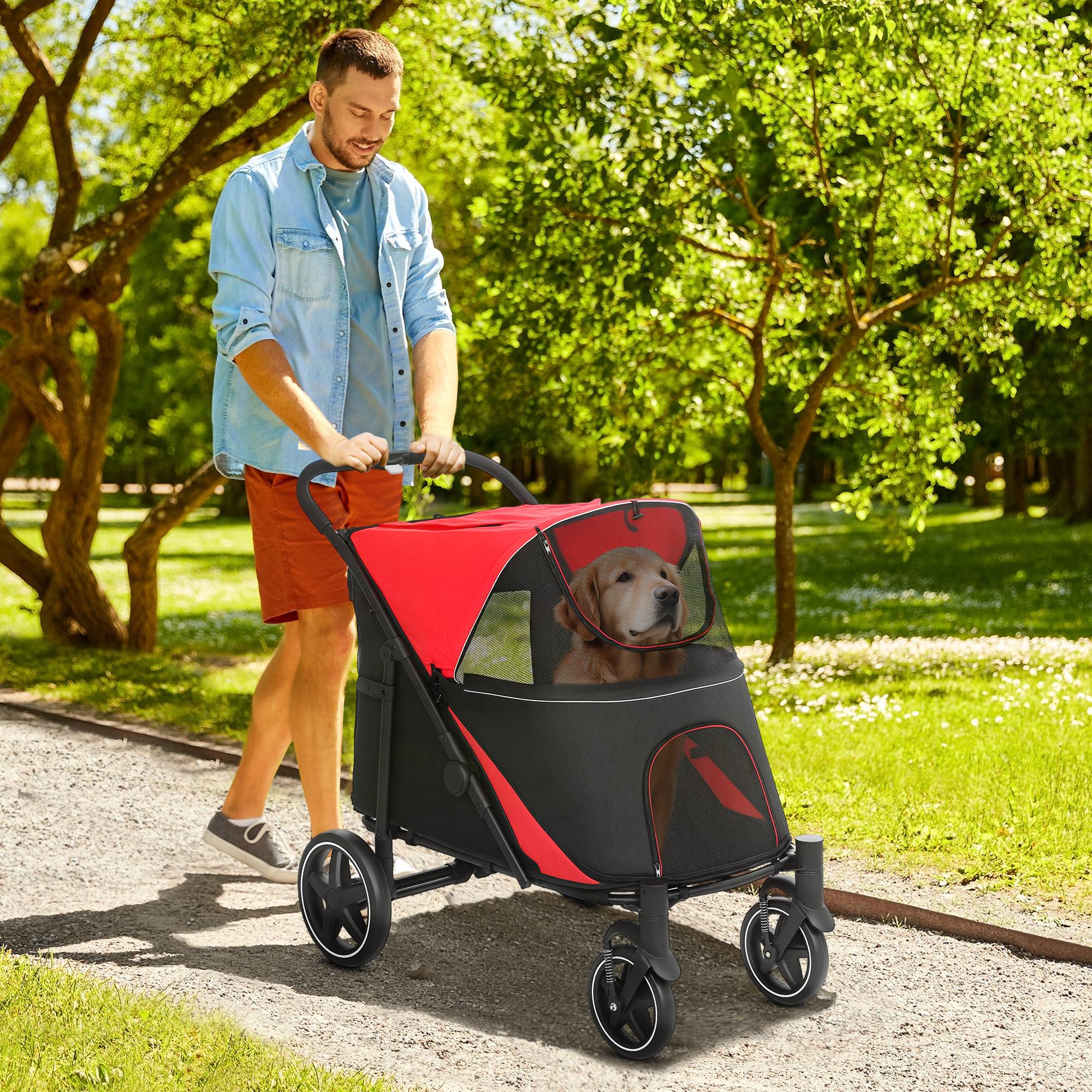 Poussette pour chiens pliable, chariot pour animaux avec fenêtres en mesh et sangles de sécurité 112x67x100 cm Rouge - Image 3
