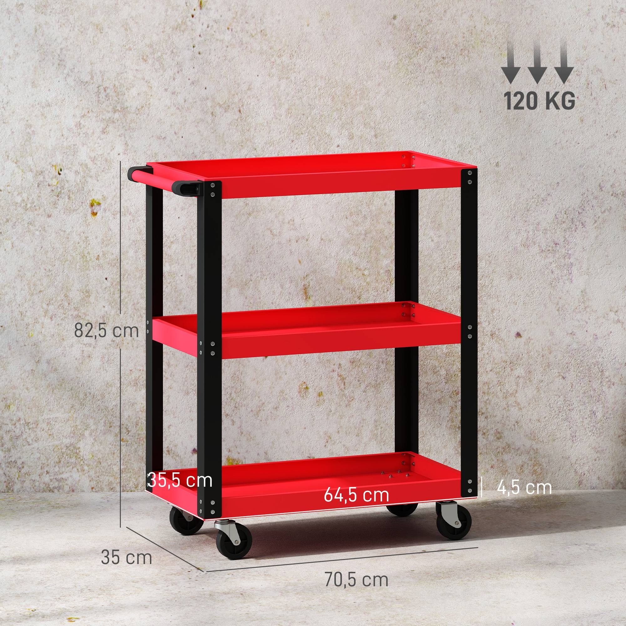 Sans Marque - Chariot à outils à 3 niveaux, structure en métal, capacité de charge 120 kg, roues, poignée, rouge - Image 5