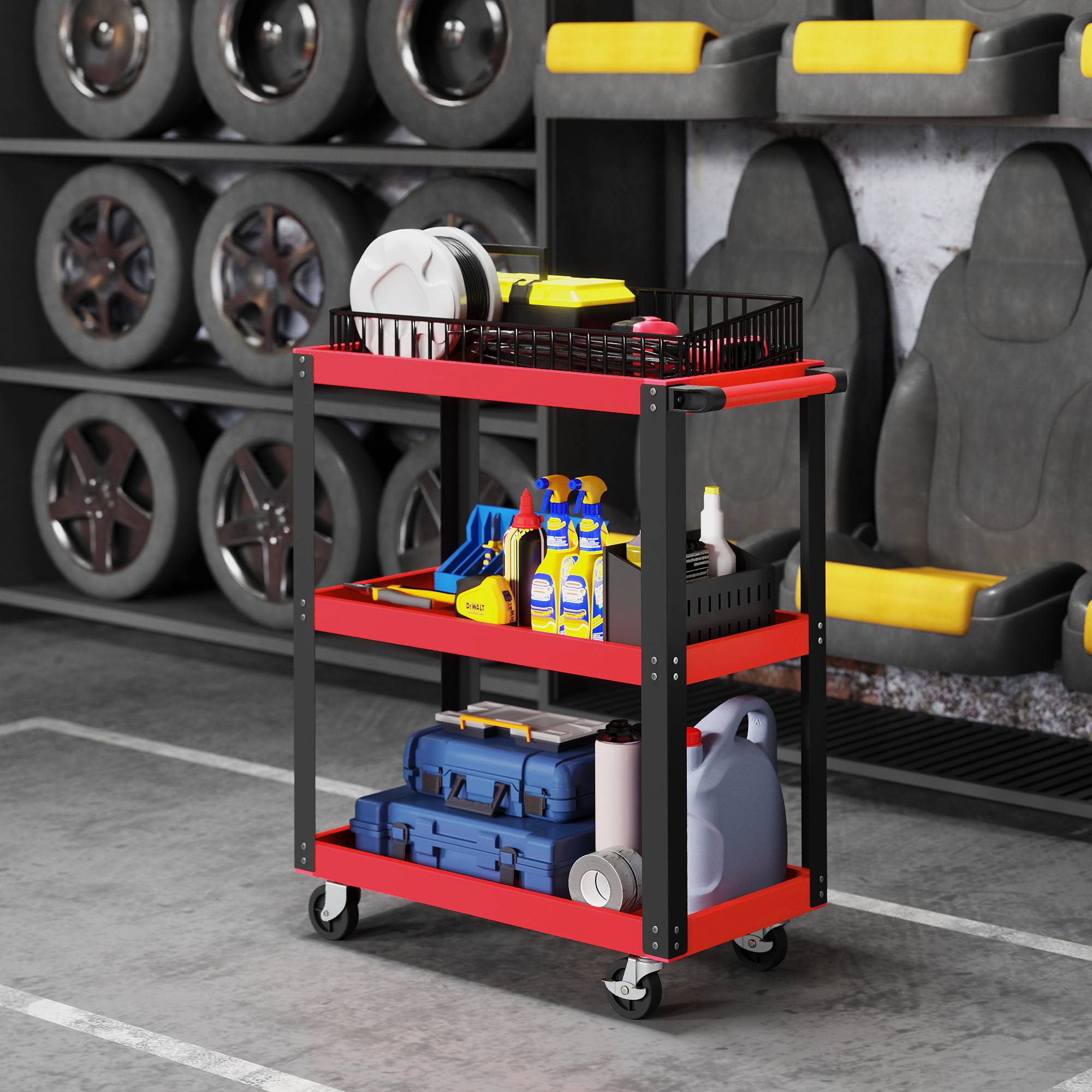 Sans Marque - Chariot à outils à 3 niveaux, structure en métal, capacité de charge 120 kg, roues, poignée, rouge - Image 4