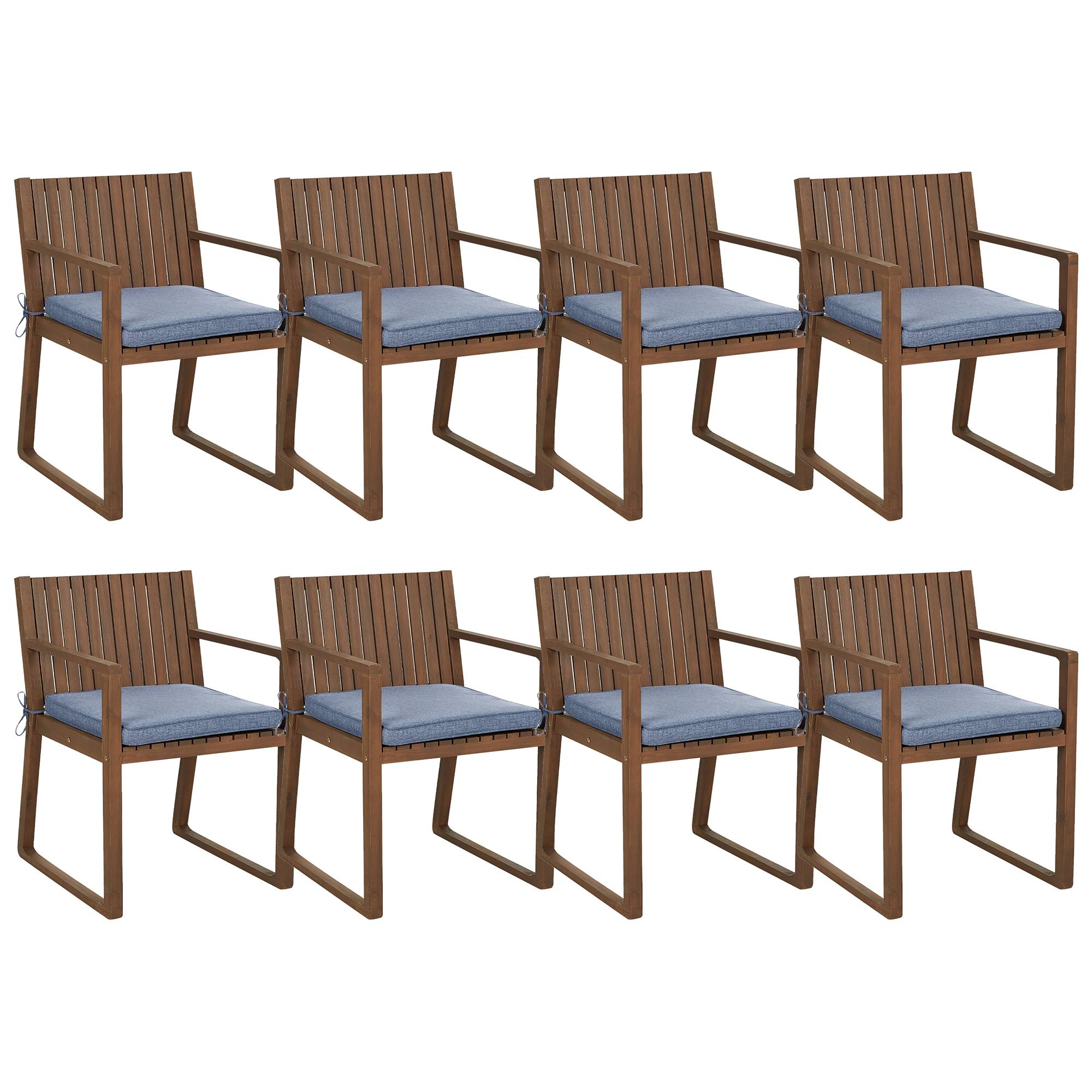 Beliani - Set 8 Chaises de Salle à Manger Extérieur en Bois d'Acacia Foncé avec Coussins Bleus Jardin Rustique - Image 1