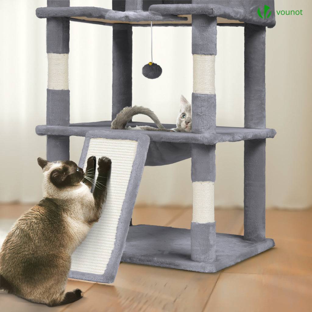 Arbre à chat géant 215cm avec griffoir, 2 niches et 3 plateformes - Gris - Arbre à grimper pour chats - VOUNOT® - Image 6