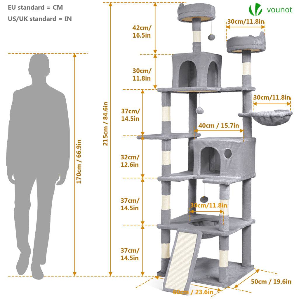 Arbre à chat géant 215cm avec griffoir, 2 niches et 3 plateformes - Gris - Arbre à grimper pour chats - VOUNOT® - Image 3