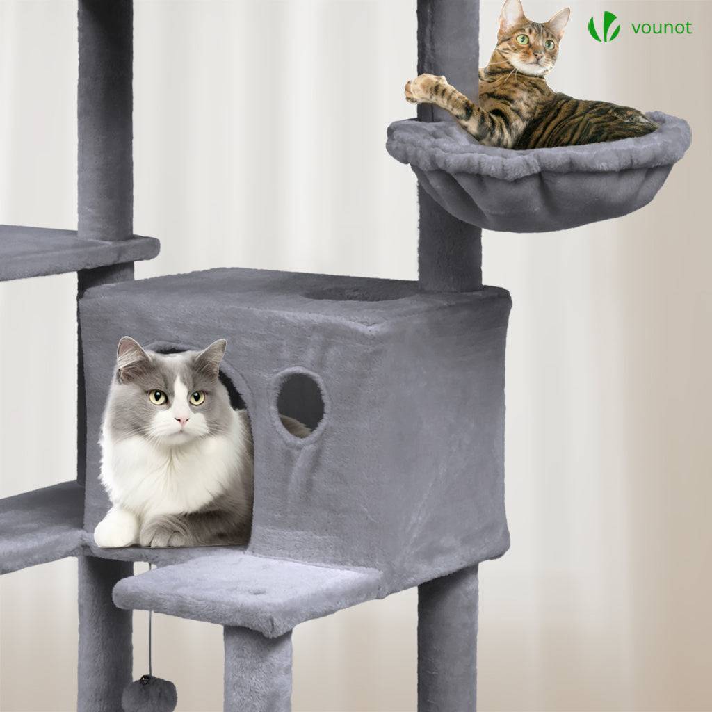 Arbre à chat géant 215cm avec griffoir, 2 niches et 3 plateformes - Gris - Arbre à grimper pour chats - VOUNOT® - Image 5