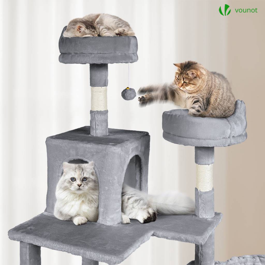 Arbre à chat géant 215cm avec griffoir, 2 niches et 3 plateformes - Gris - Arbre à grimper pour chats - VOUNOT® - Image 4