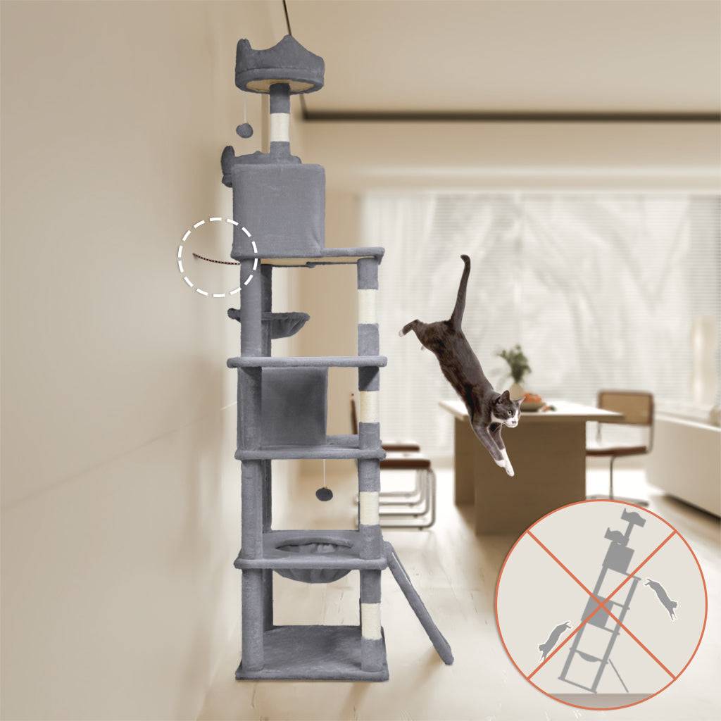 Arbre à chat géant 215cm avec griffoir, 2 niches et 3 plateformes - Gris - Arbre à grimper pour chats - VOUNOT® - Image 7