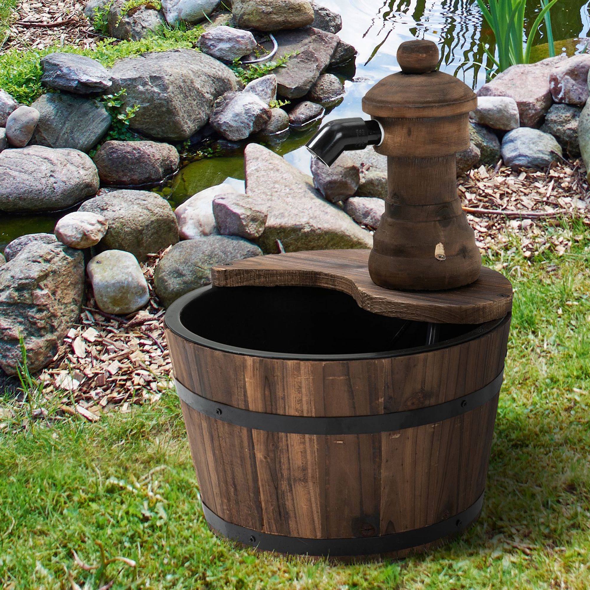 Fontaine de Jardin tonneau Pompe à Eau Submersible Incluse Ø 27 x 37H cm Bois de pin Marron - Image 6