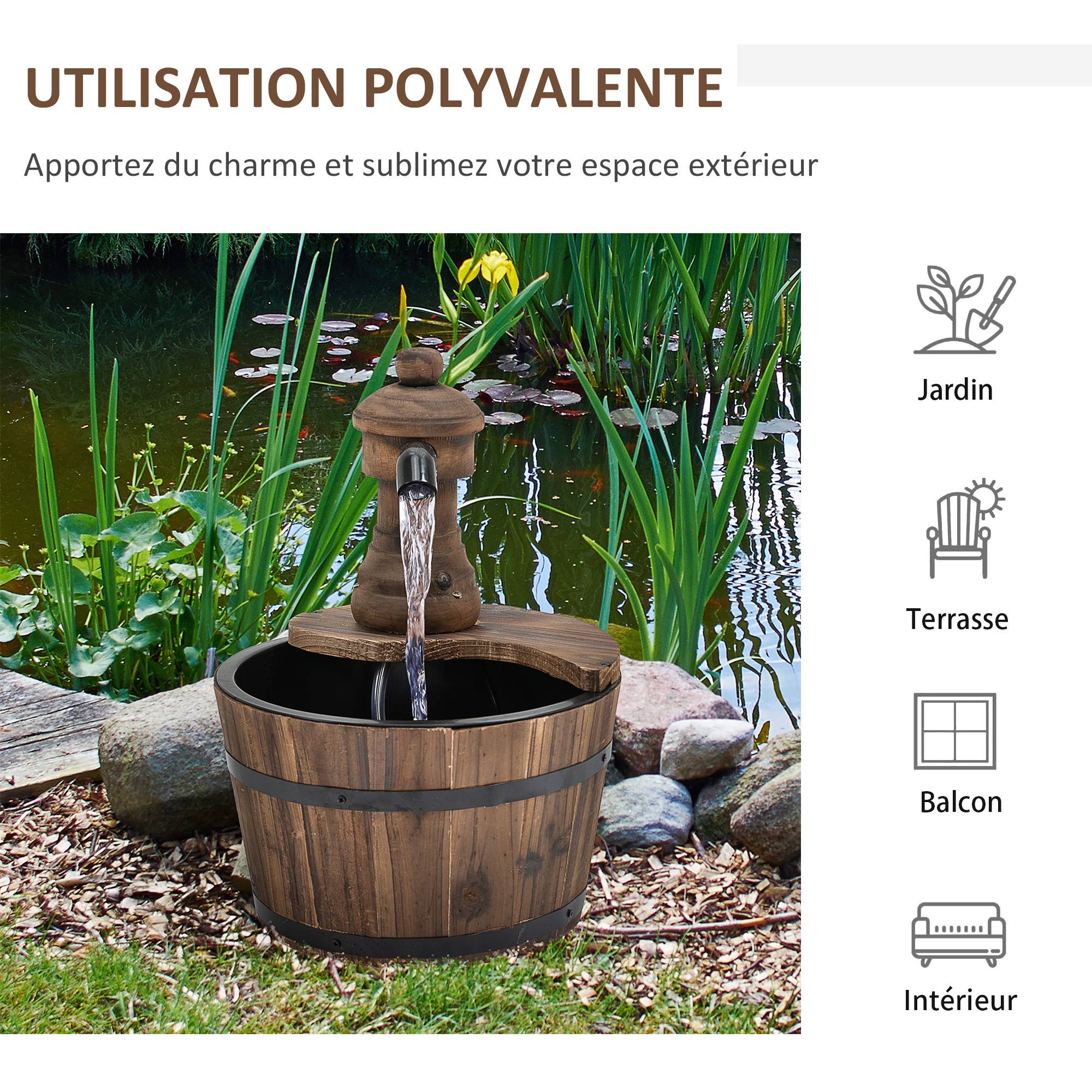 Fontaine de Jardin tonneau Pompe à Eau Submersible Incluse Ø 27 x 37H cm Bois de pin Marron - Image 7