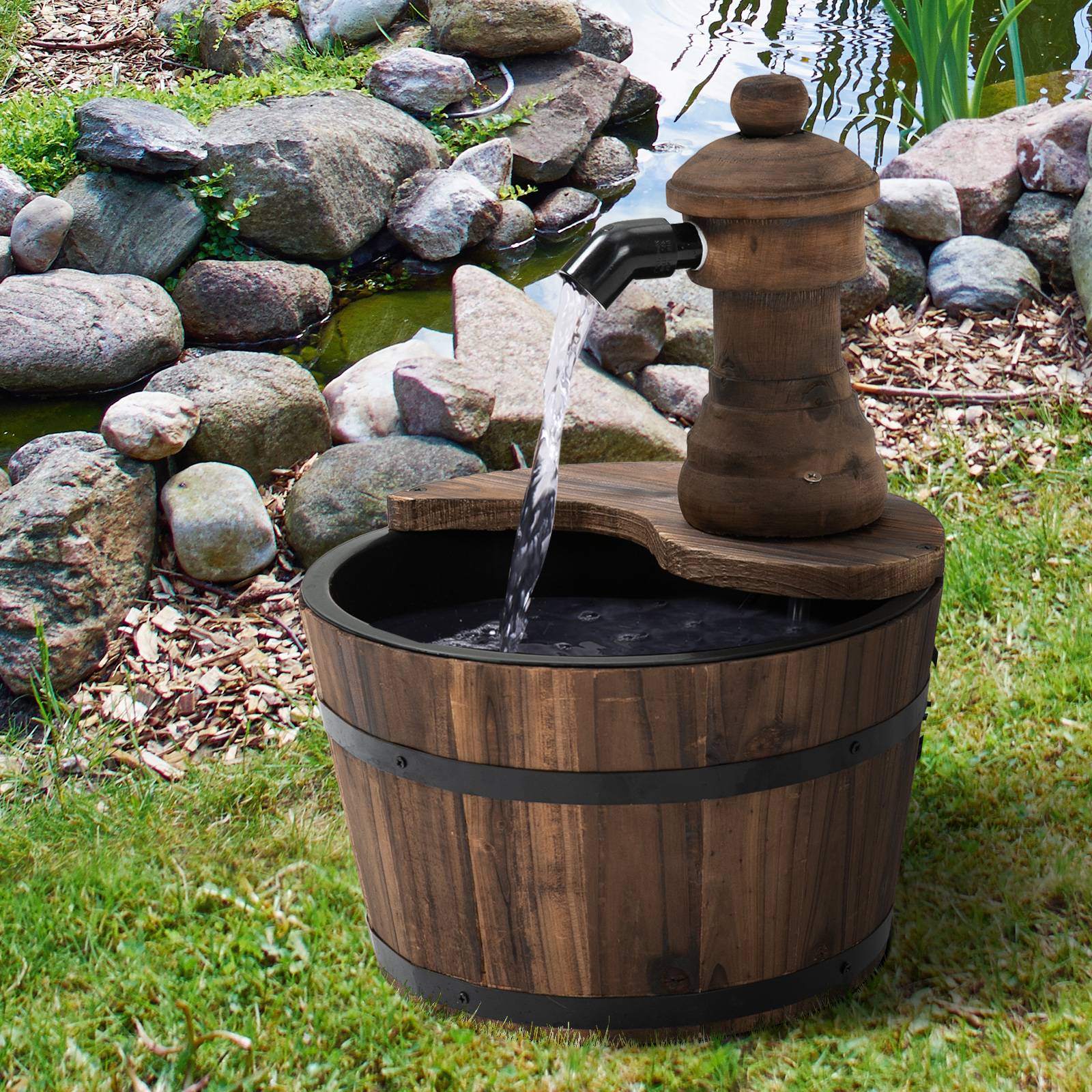 Fontaine de Jardin tonneau Pompe à Eau Submersible Incluse Ø 27 x 37H cm Bois de pin Marron - Image 3