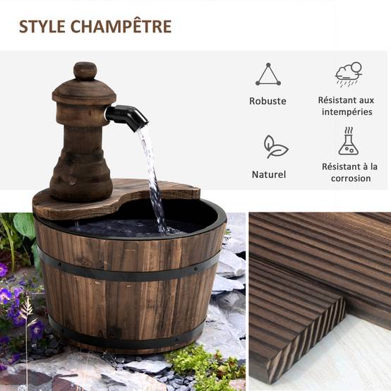 Fontaine de Jardin tonneau Pompe à Eau Submersible Incluse Ø 27 x 37H cm Bois de pin Marron - Image 8