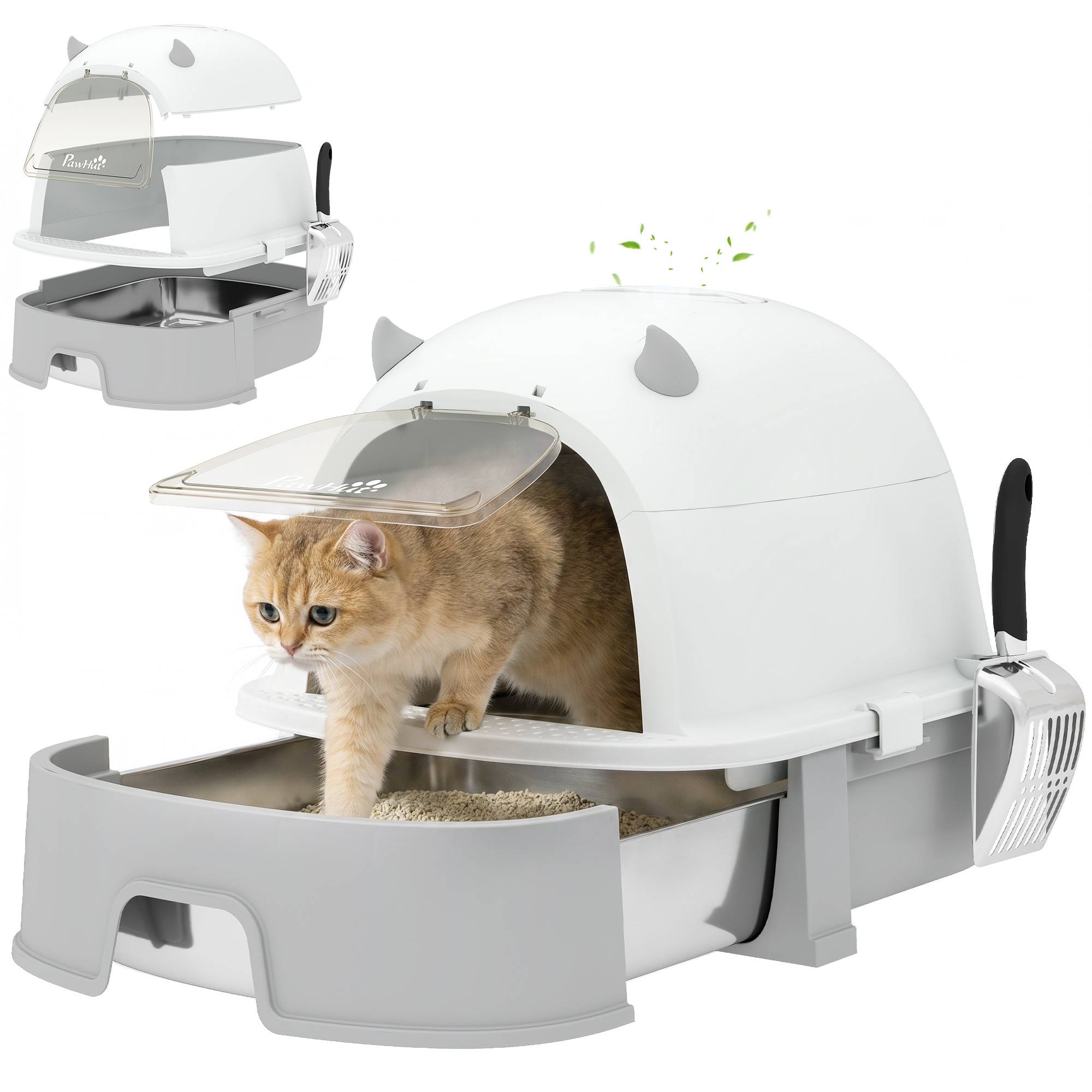 Bac à litière en acier inoxydable avec couvercle amovible, pelle et filtre à charbon actif pour chats de petite et moyenne taille, gris - Image 1