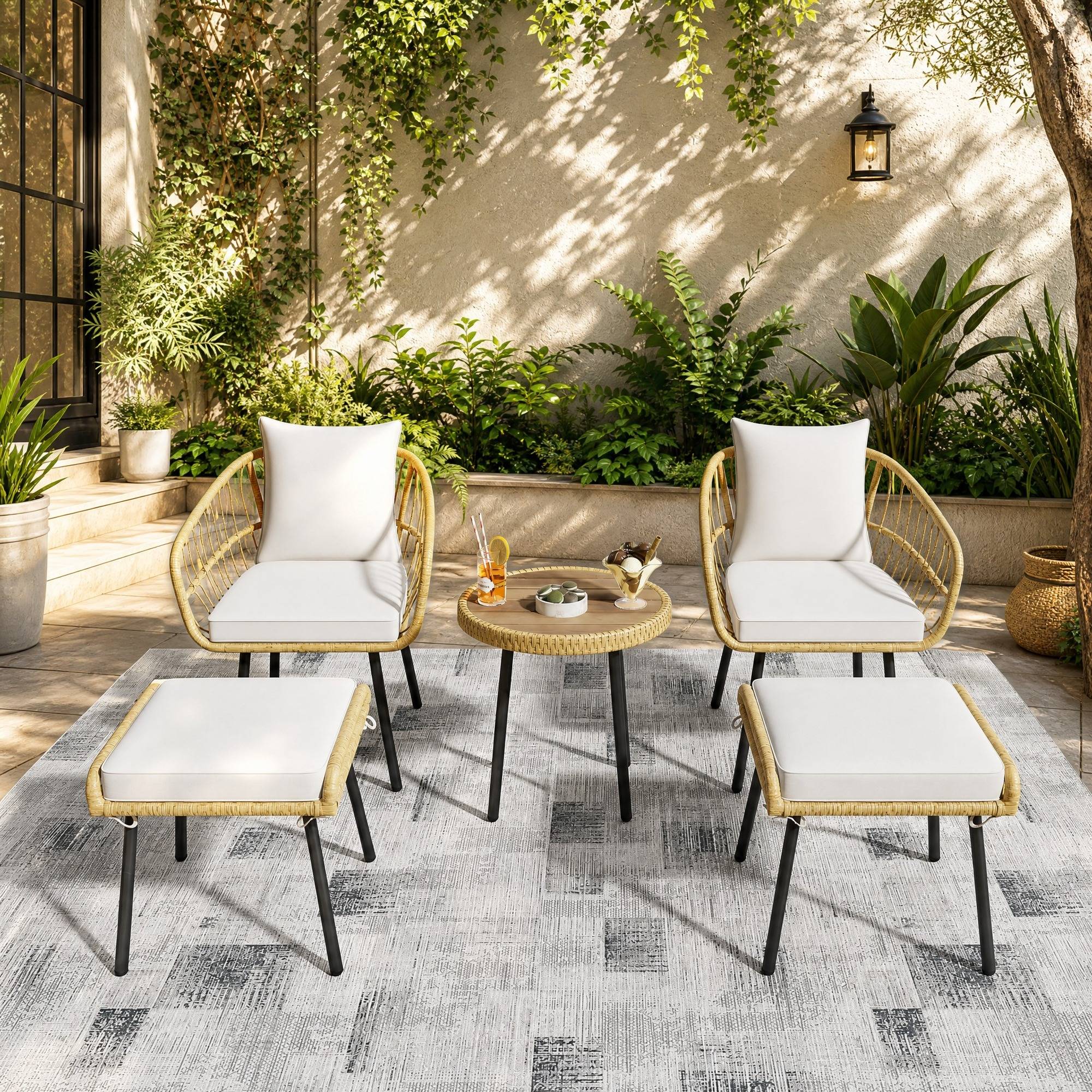 Salon de Jardin avec 2 Chaises 2 Hockers et 1 Table pour terrasse Tissu Blanc et Naturel - Image 3