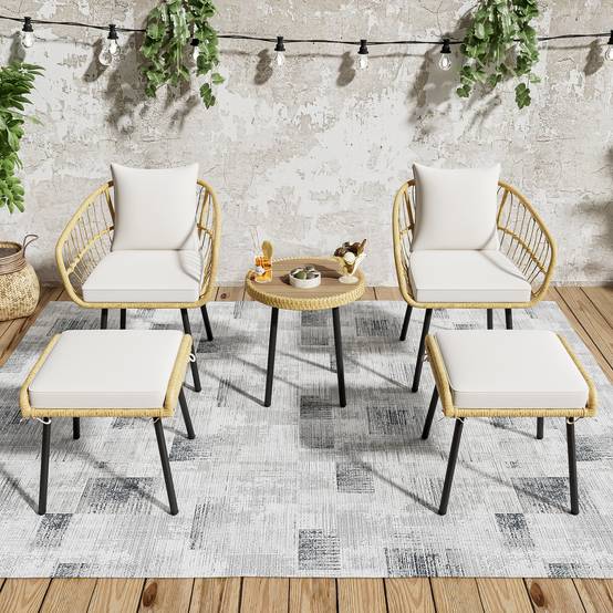 Salon de Jardin avec 2 Chaises 2 Hockers et 1 Table pour terrasse Tissu Blanc et Naturel - Image 2