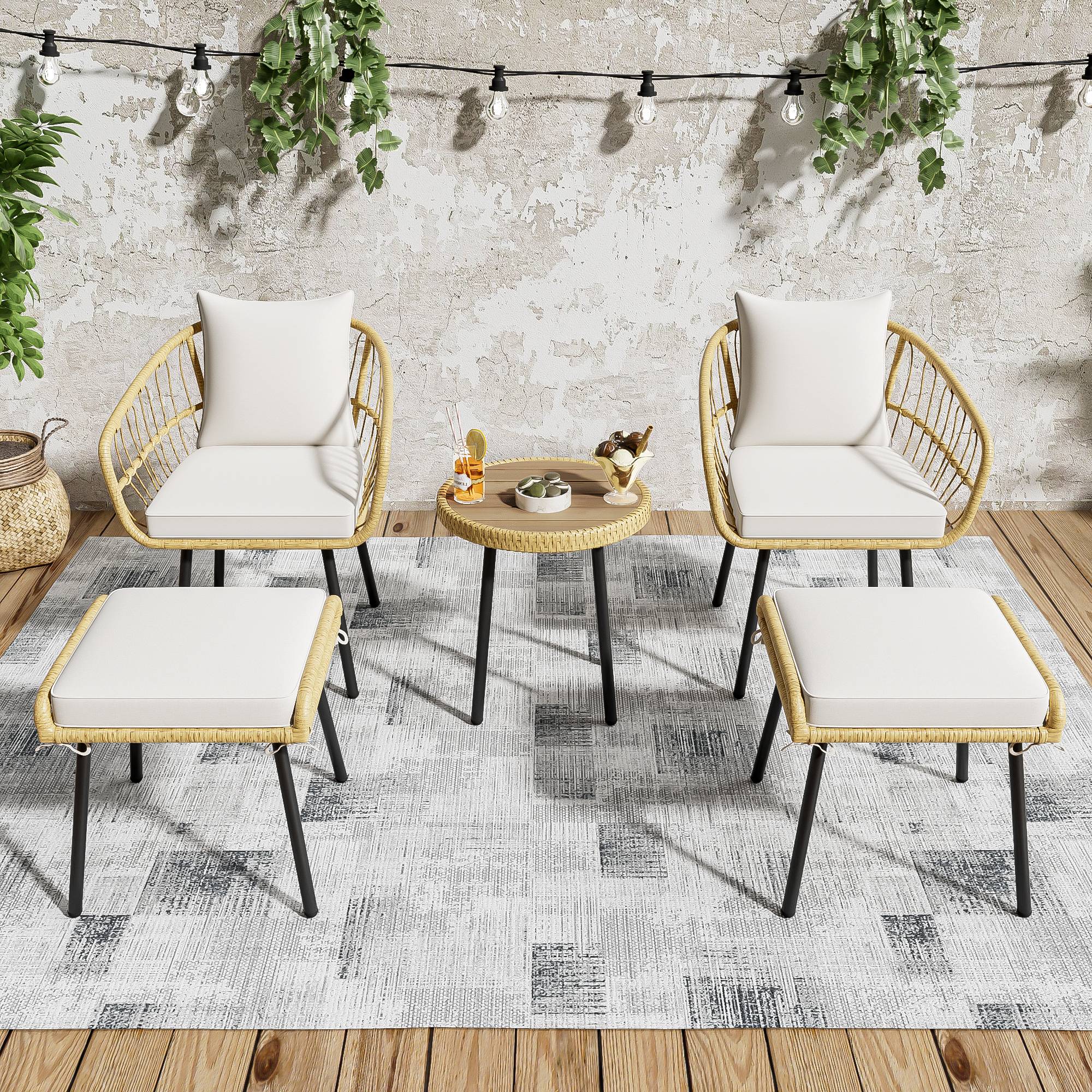Salon de Jardin avec 2 Chaises 2 Hockers et 1 Table pour terrasse Tissu Blanc et Naturel - Image 2