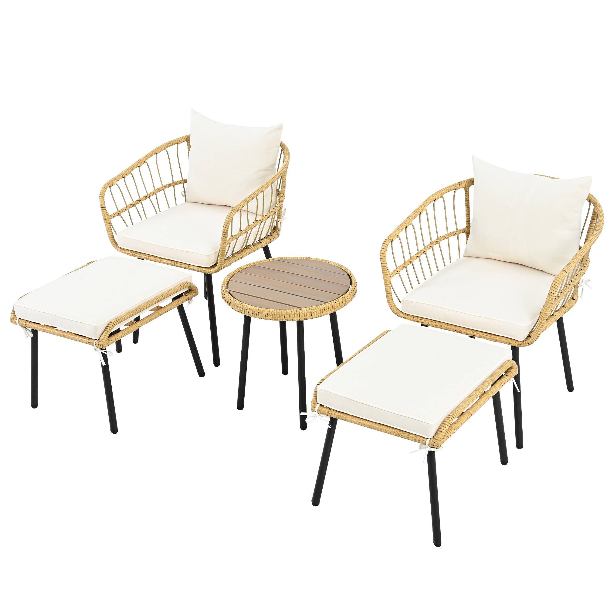 Salon de Jardin avec 2 Chaises 2 Hockers et 1 Table pour terrasse Tissu Blanc et Naturel - Image 1